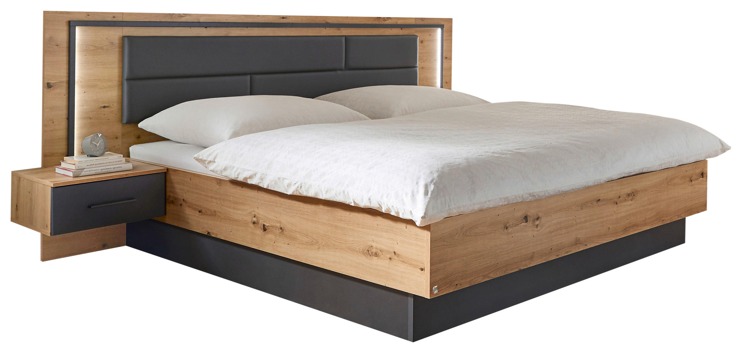 SET KREVETA I NOĆNIH ORMARIĆA   180/200 cm   siva, boje hrasta  - siva/boje hrasta, Design, drvni materijal/tekstil (180/200cm) - Rauch Möbel