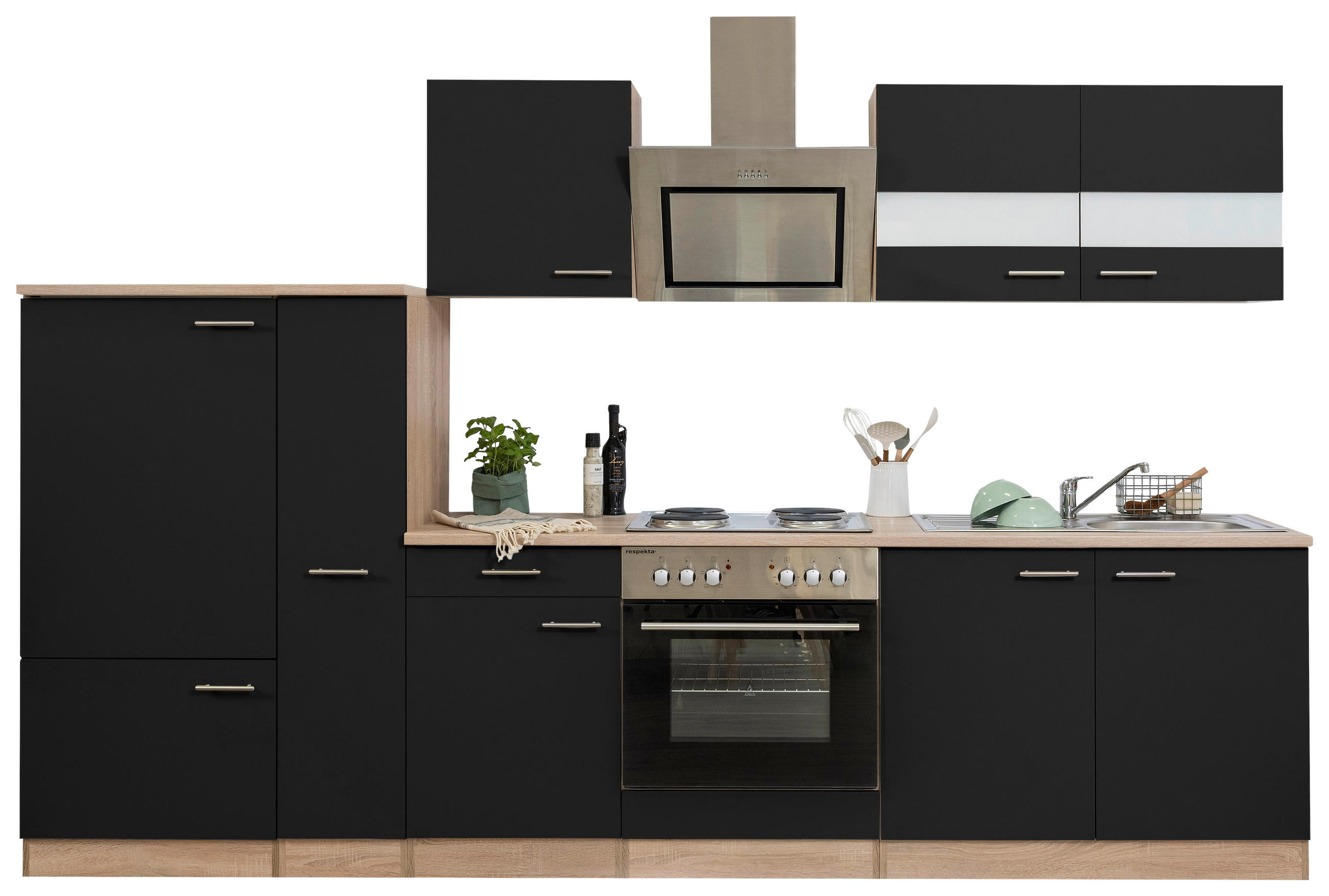 KÜCHENBLOCK 300 cm   in Schwarz  - Edelstahlfarben/Eichefarben, Basics, Holzwerkstoff/Metall (300cm) - Respekta