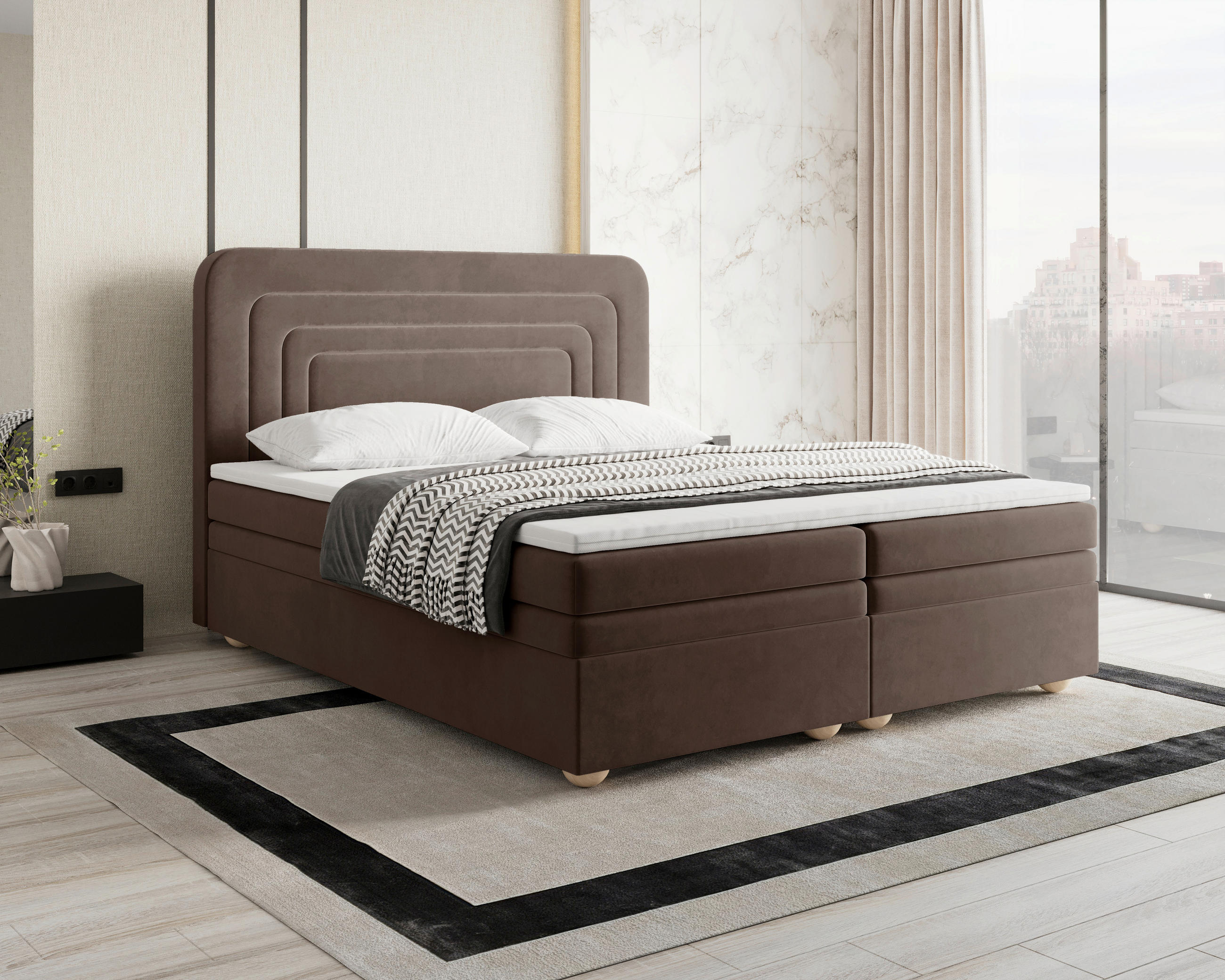 BOXBETT 180/200 cm,  in Braun, gepolstertes Kopfteil, Bettkasten, Topper, H2 + H3 = mittel + fest  - Braun, MODERN, Holz/Kunststoff (180/200cm) - Livetastic