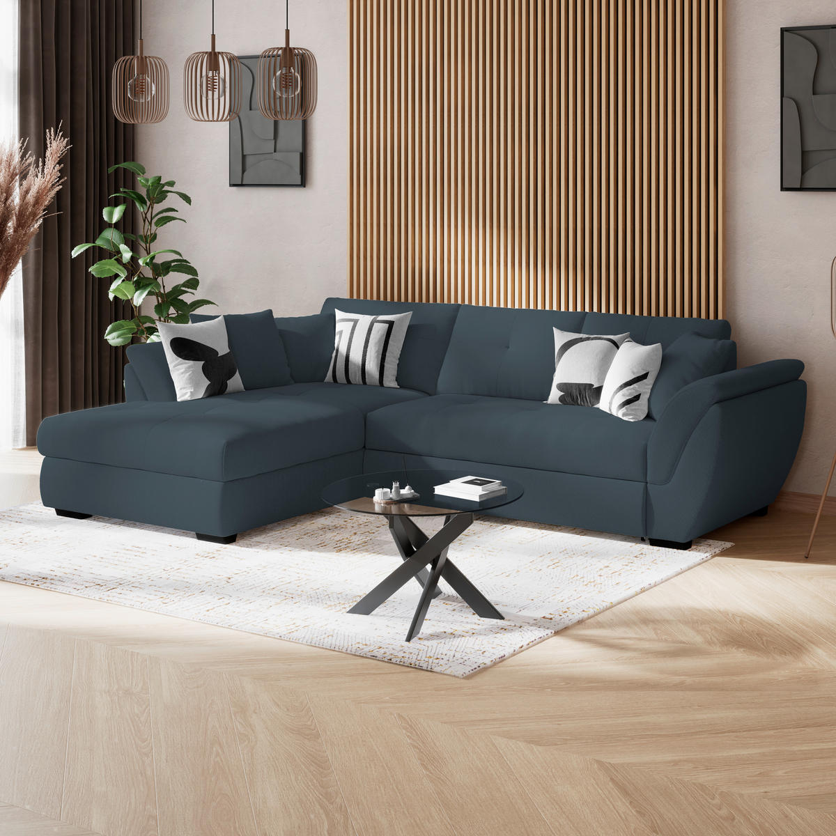 ECKSOFA Blau Zierkissen, Bettkasten, Schlaffunktion, Rücken echt  - Blau/Schwarz, KONVENTIONELL, Kunststoff/Textil (187/278cm) - MID.YOU