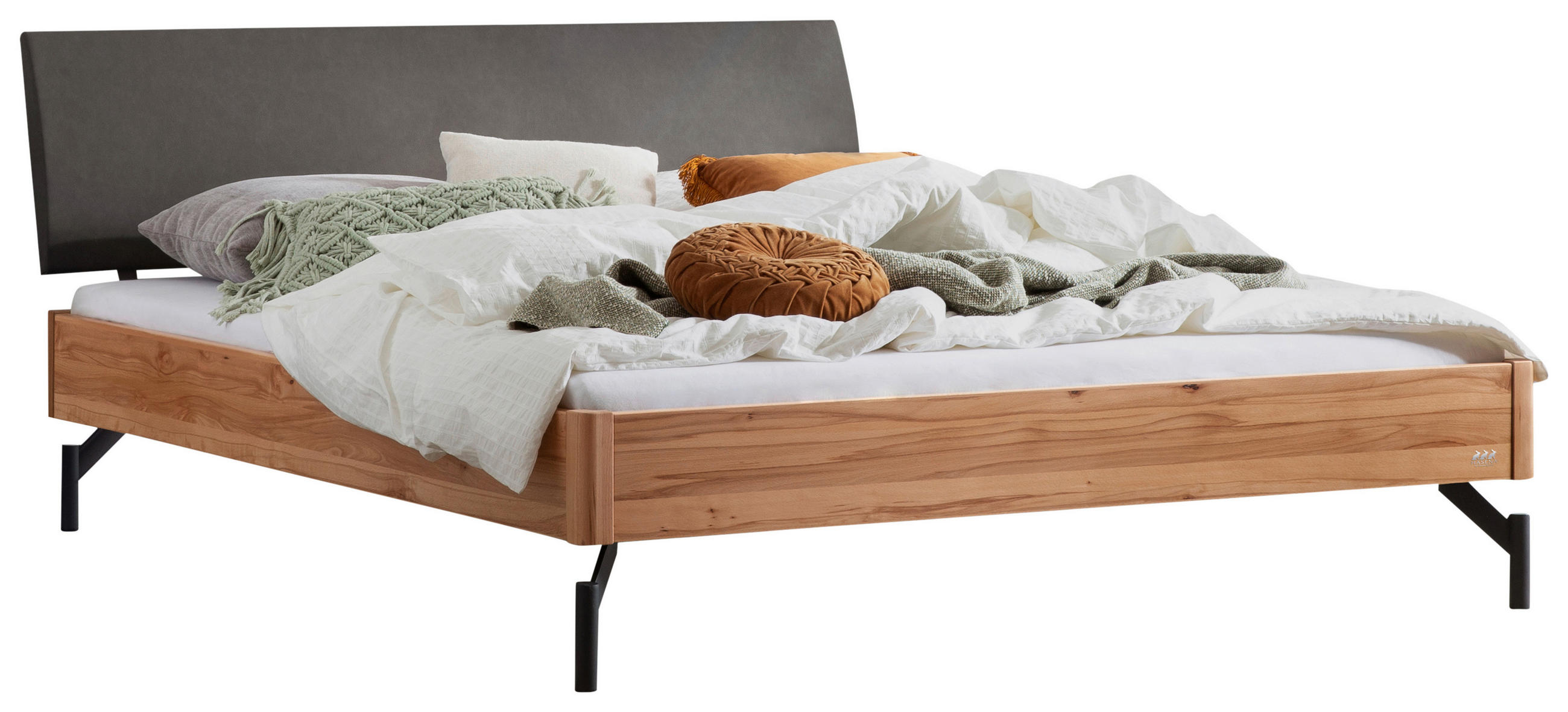 BETT 160/200 cm,  in Anthrazit, Grau, Buchefarben, gepolstertes Kopfteil,  - Anthrazit/Buchefarben, Design, Holz/Metall (160/200cm) - Hasena