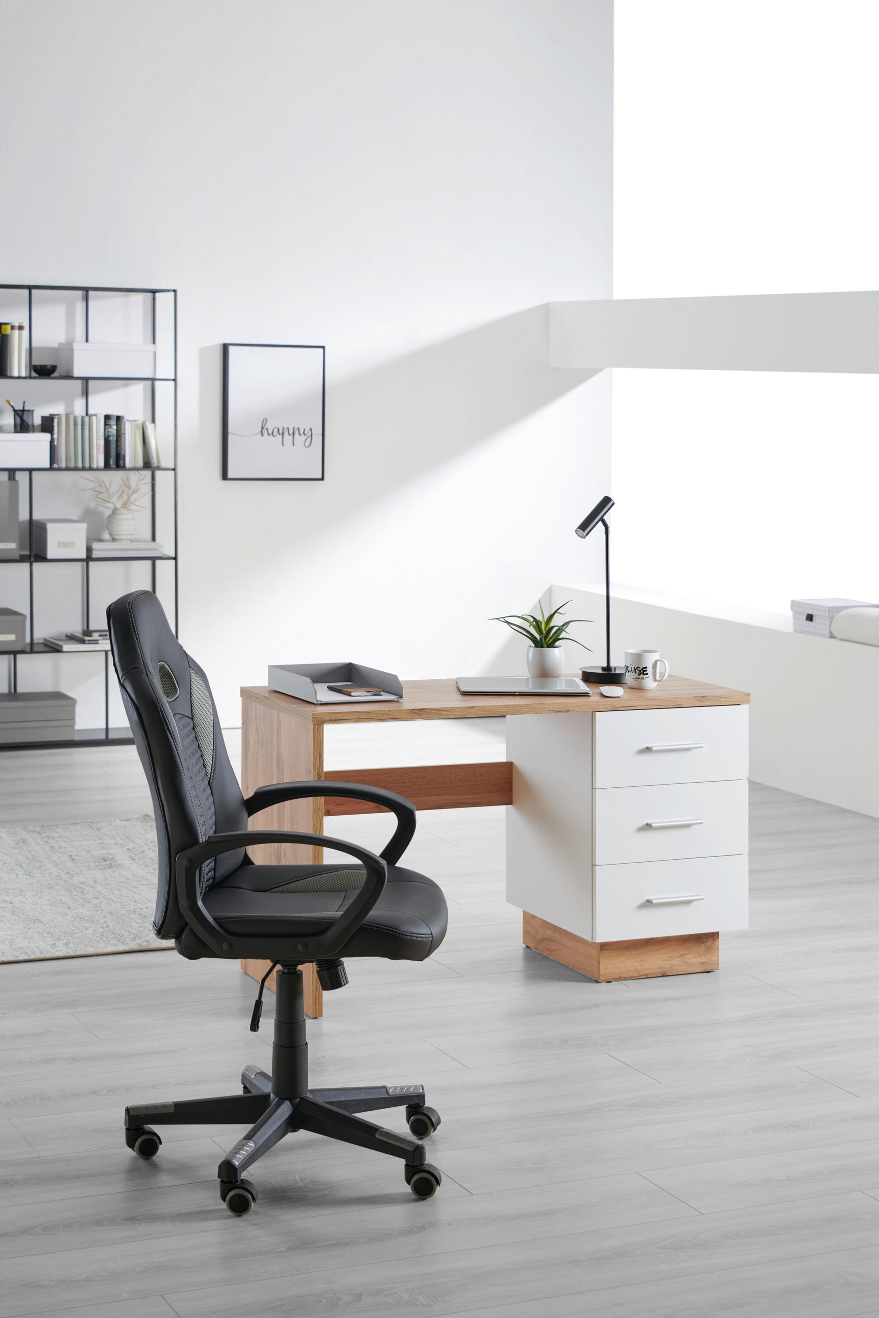 Thumbnail - Hom`in Schreibtisch, Weiß, Eiche Wotan, Kunststoff, 3 Schublade(n) Schubladen, rechteckig, Wange, 50x75x120 cm, Arbeitsz...