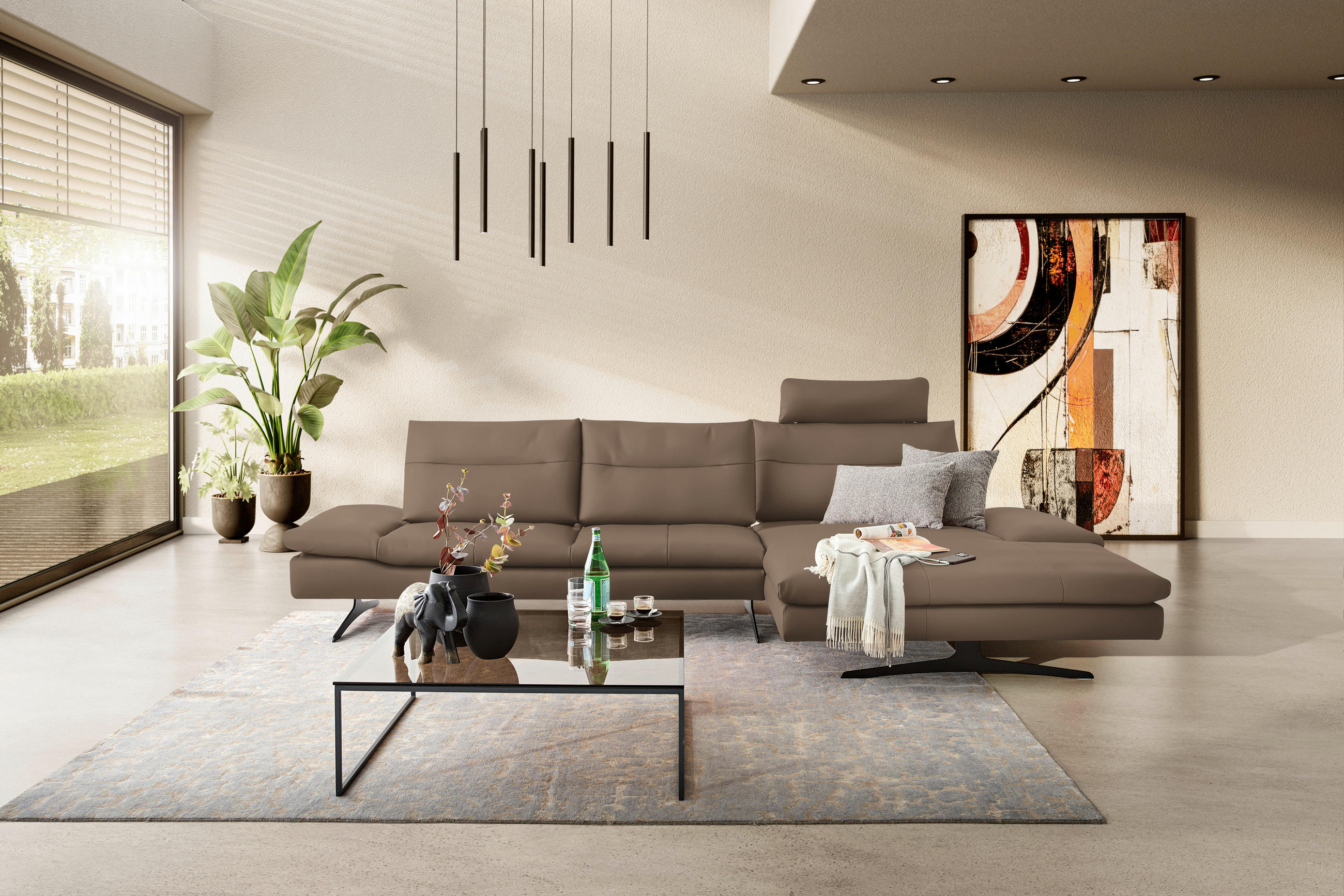 ECKSOFA in Echtleder Hellbraun  342/158 cm  - Hellbraun/Schwarz, MODERN, Leder/Metall (342/158cm) - Chilliano