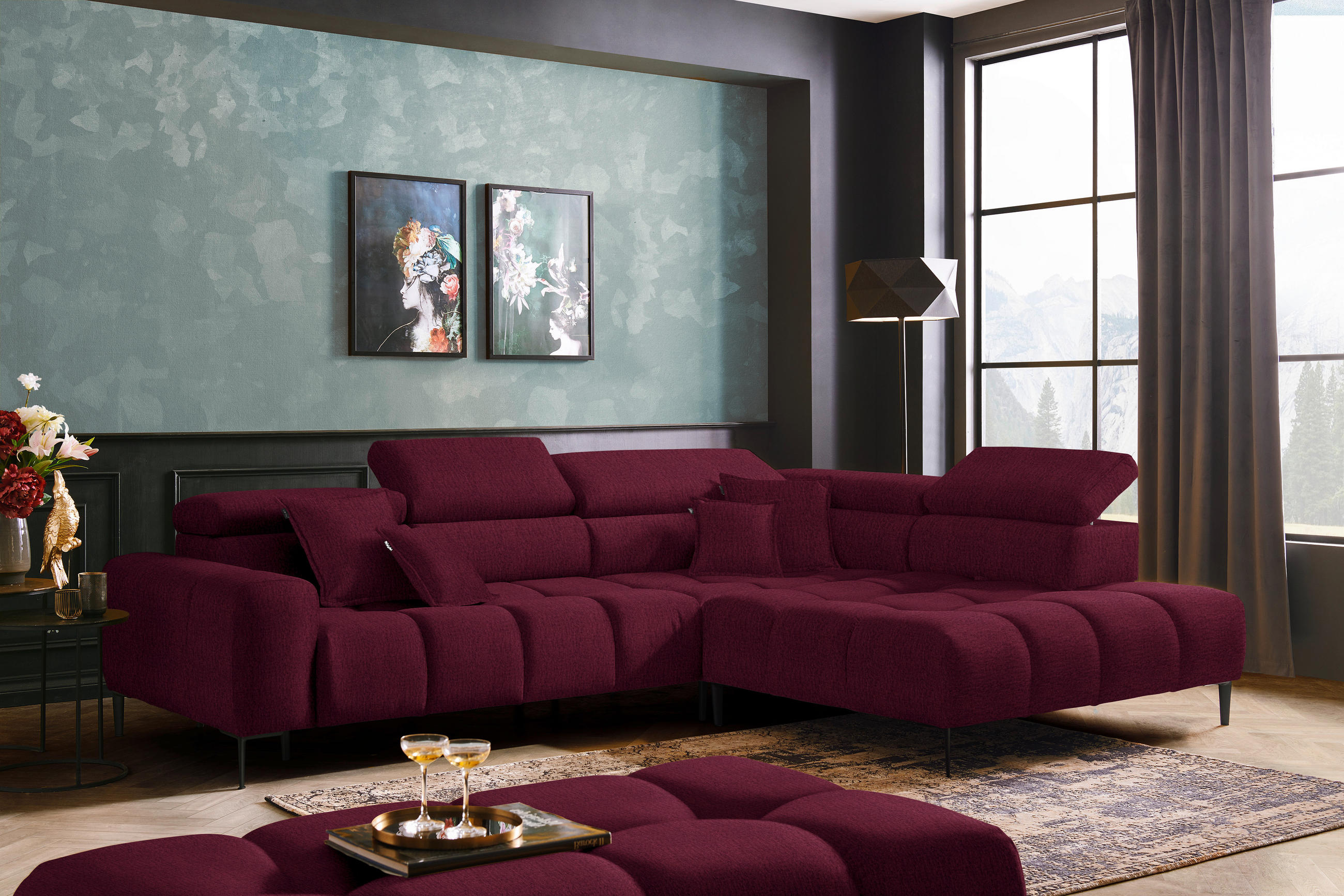 ECKSOFA in Samt, Webstoff Bordeaux  - Bordeaux/Schwarz, Design, Textil/Metall (300/216cm) - Welnova