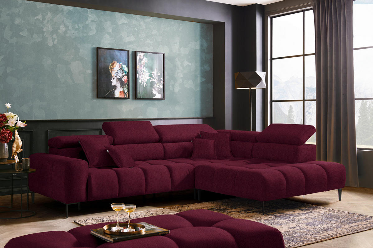 ECKSOFA in Samt, Webstoff Bordeaux  - Bordeaux/Schwarz, Design, Textil/Metall (300/216cm) - Welnova