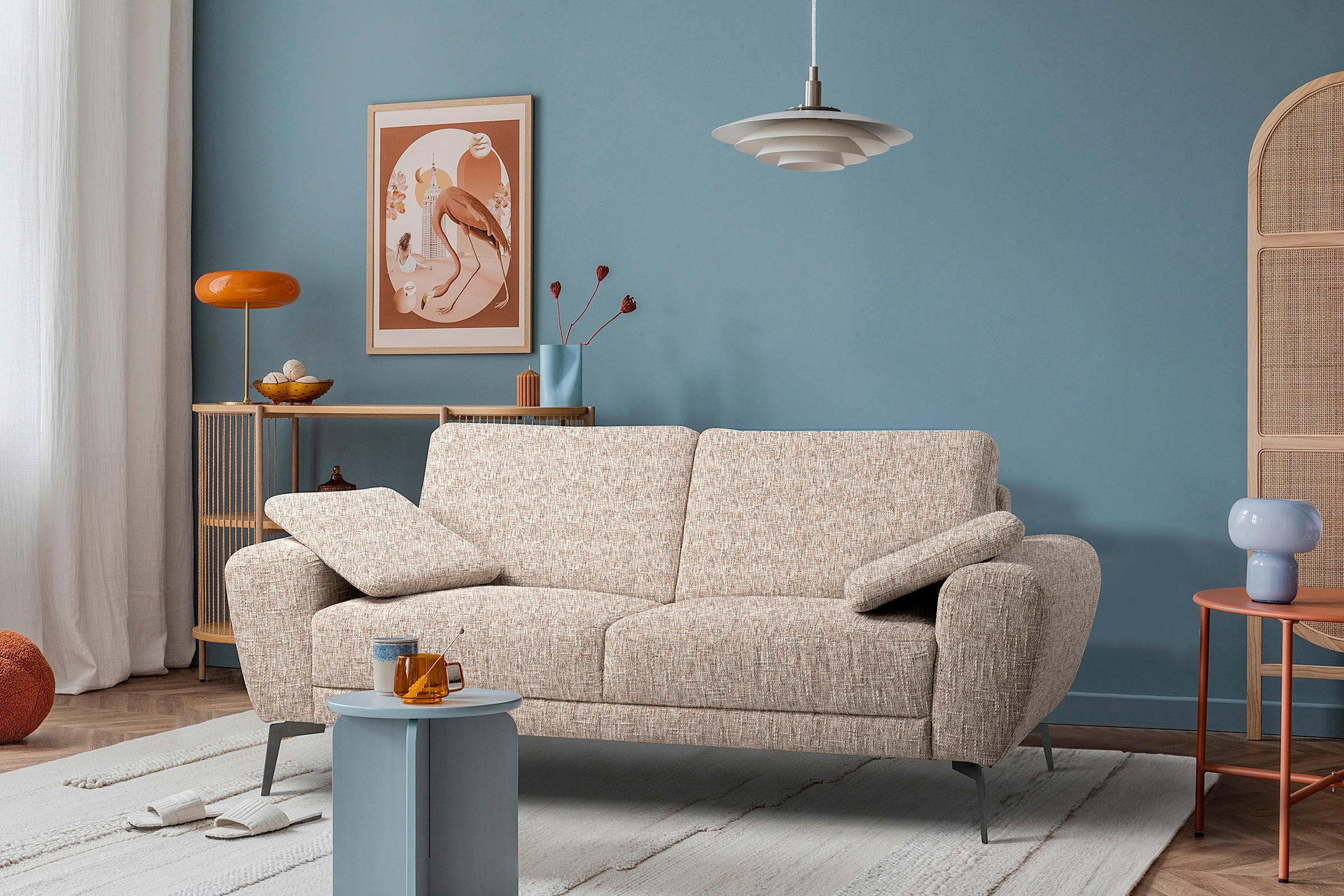 2-SITZER-SOFA Webstoff Blau, Gelb, Rot, Weiss  - Blau/Weiss, Design, Textil/Metall (157/85/92cm) - Livetastic