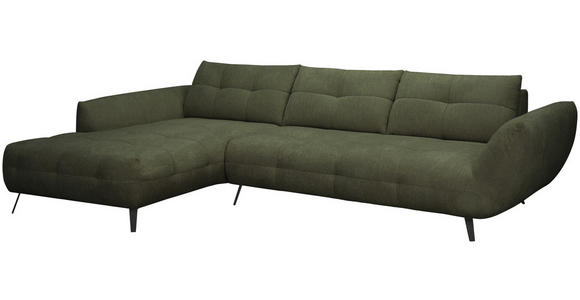 ECKSOFA Dunkelgrün Chenille Armlehnenkissen, Rücken echt, Sitztiefenverstellung  - Dunkelgrün/Schwarz, KONVENTIONELL, Textil/Metall (215/313cm) - Hom`in