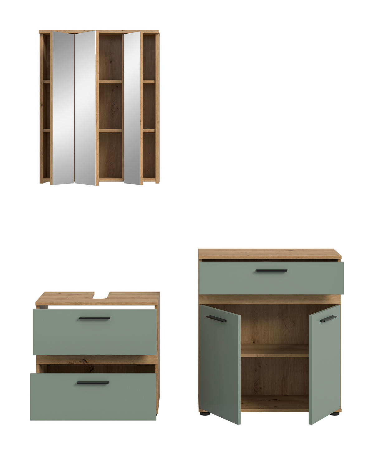 BADEZIMMER 3-teilig  in 145 cm  - Salbeigrün/Schwarz, Trend, Glas/Holzwerkstoff (145cm) - MID.YOU