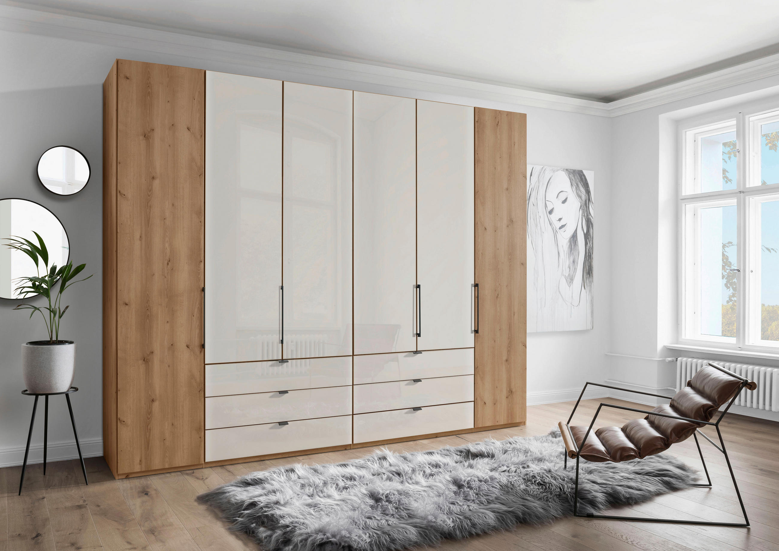 FALTTÜRENSCHRANK in Champagner, Eiche Bianco  - Schieferfarben/Eiche Bianco, Konventionell, Glas/Holzwerkstoff (300/216/58cm) - Dieter Knoll