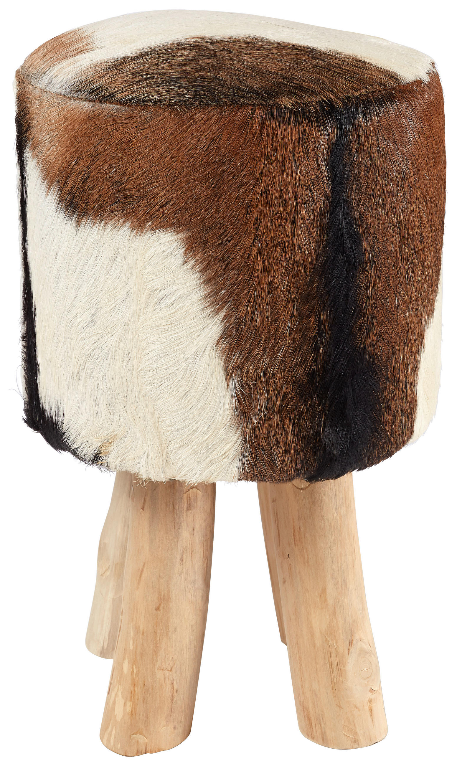 Hocker in Holz, Leder Braun, Naturfarben, Weiß