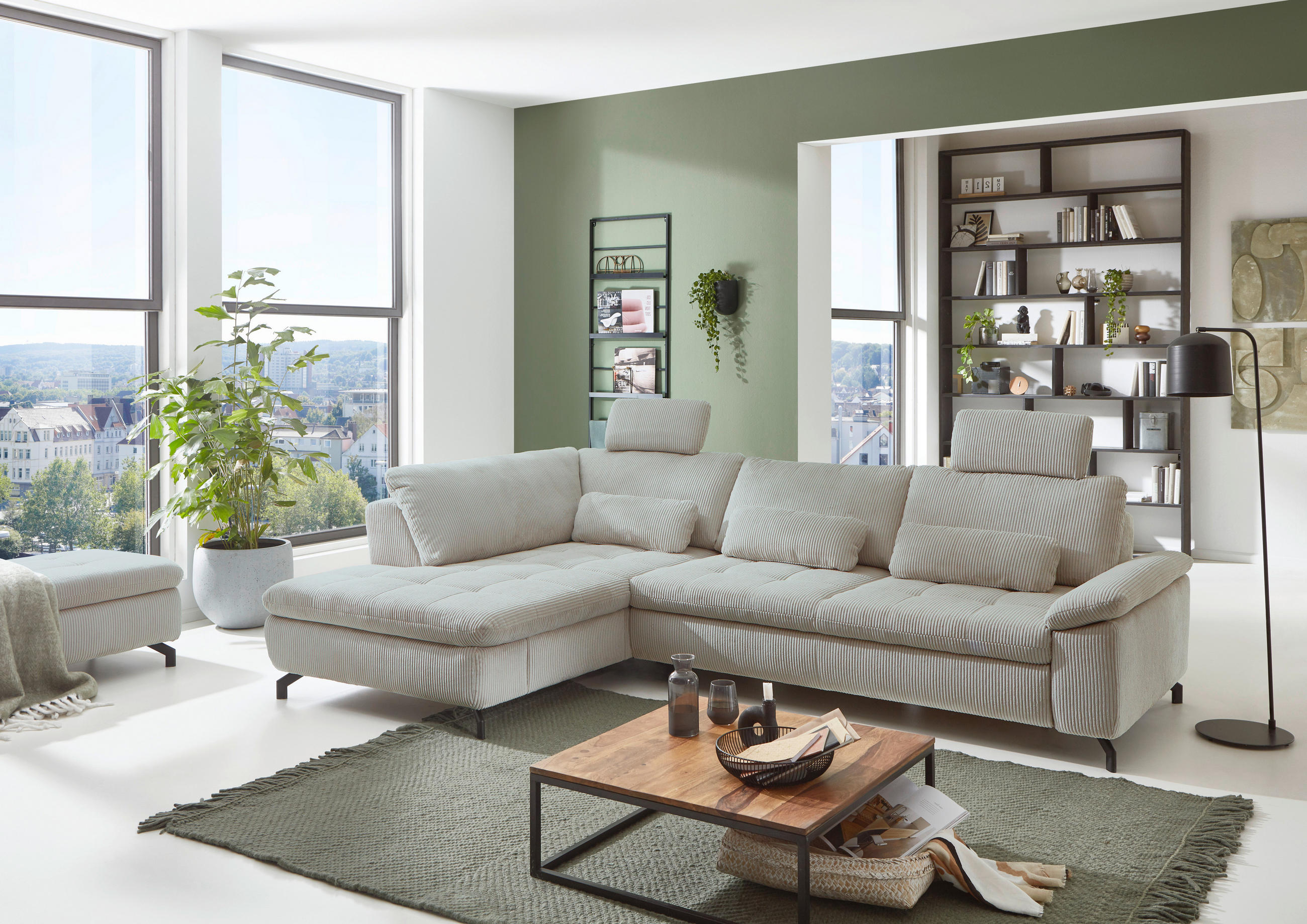 ECKSOFA in Velours, Cord Hellgrün  - Schwarz/Hellgrün, Design, Textil/Metall (197/291cm) - Beldomo Style