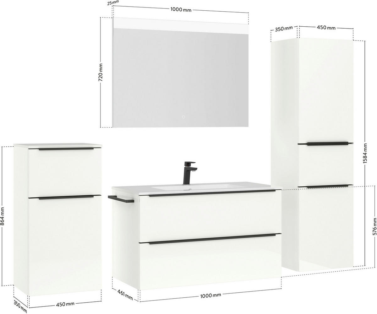 BADEZIMMER 5-teilig  in 191 cm  - Weiß Hochglanz/Schwarz, MODERN, Glas/Holzwerkstoff (191cm) - Nobilia