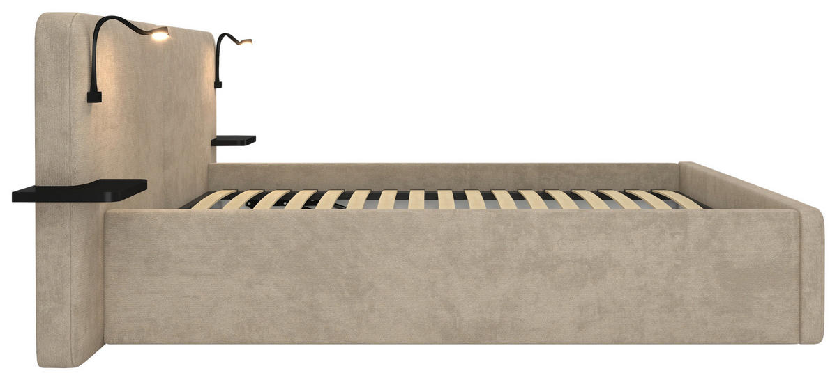 POLSTERBETT 180/200 cm,  in Beige, gepolstertes Kopfteil, Beleuchtung, Lattenrost, H2 + H3 = mittel + fest  - Beige/Schwarz, MODERN, Kunststoff/Textil (180/200cm) - Chameo