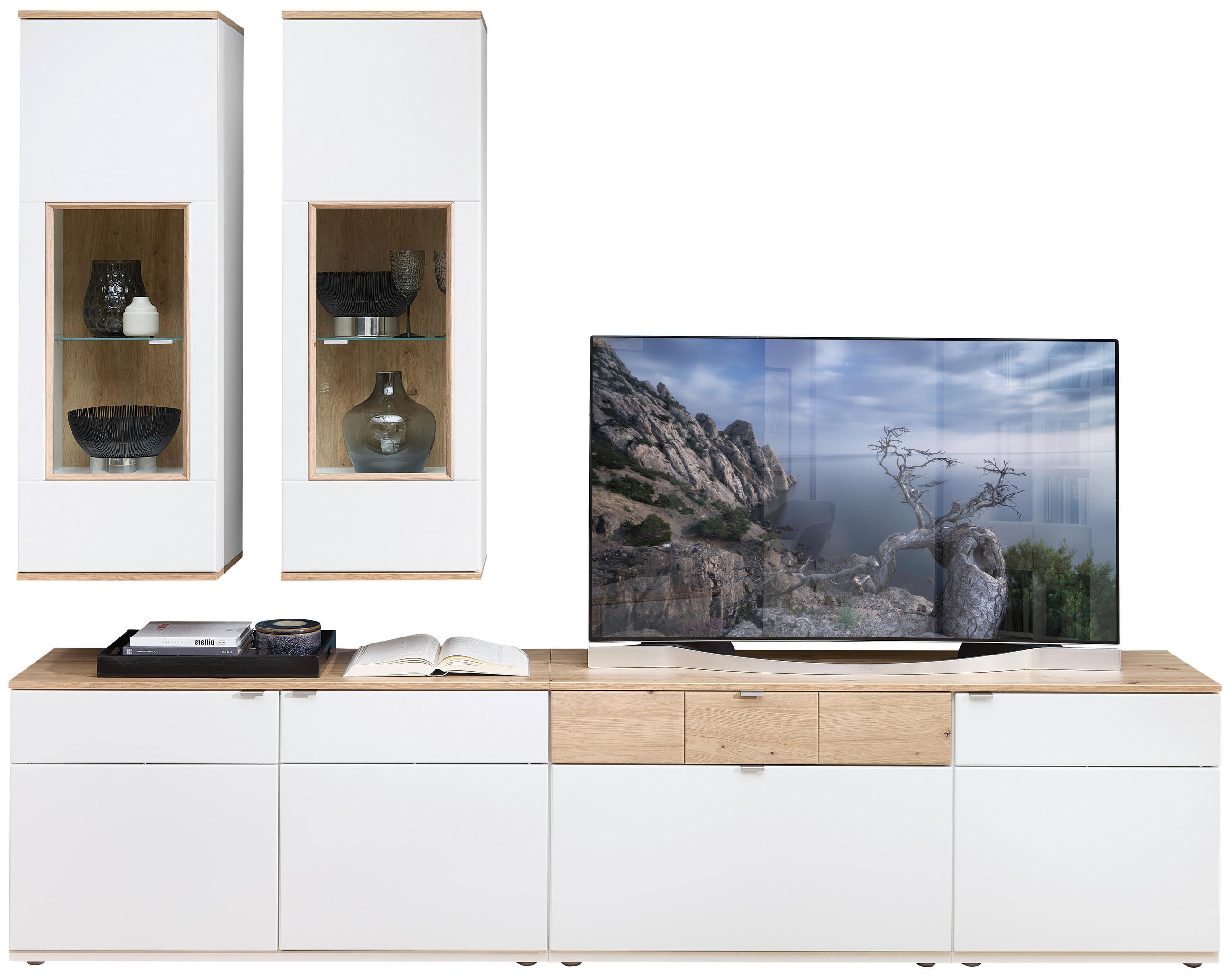 WOHNWAND  in Weiß, Eichefarben  270/215/45 cm  - Eichefarben/Alufarben, KONVENTIONELL, Glas/Holzwerkstoff (270/215/45cm) - Venda