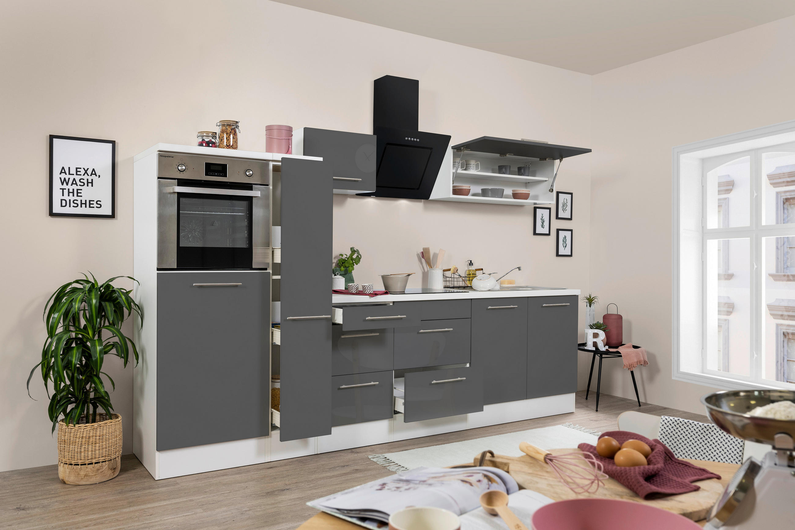 KÜCHENBLOCK 300 cm Grau, Weiß E-Geräte, Spüle, Soft-Close-System, Ab- und Überlaufgarnitur, Herdanschlusskabel - Edelstahlfarben/Weiß, KONVENTIONELL, Metall (300cm) - Respekta