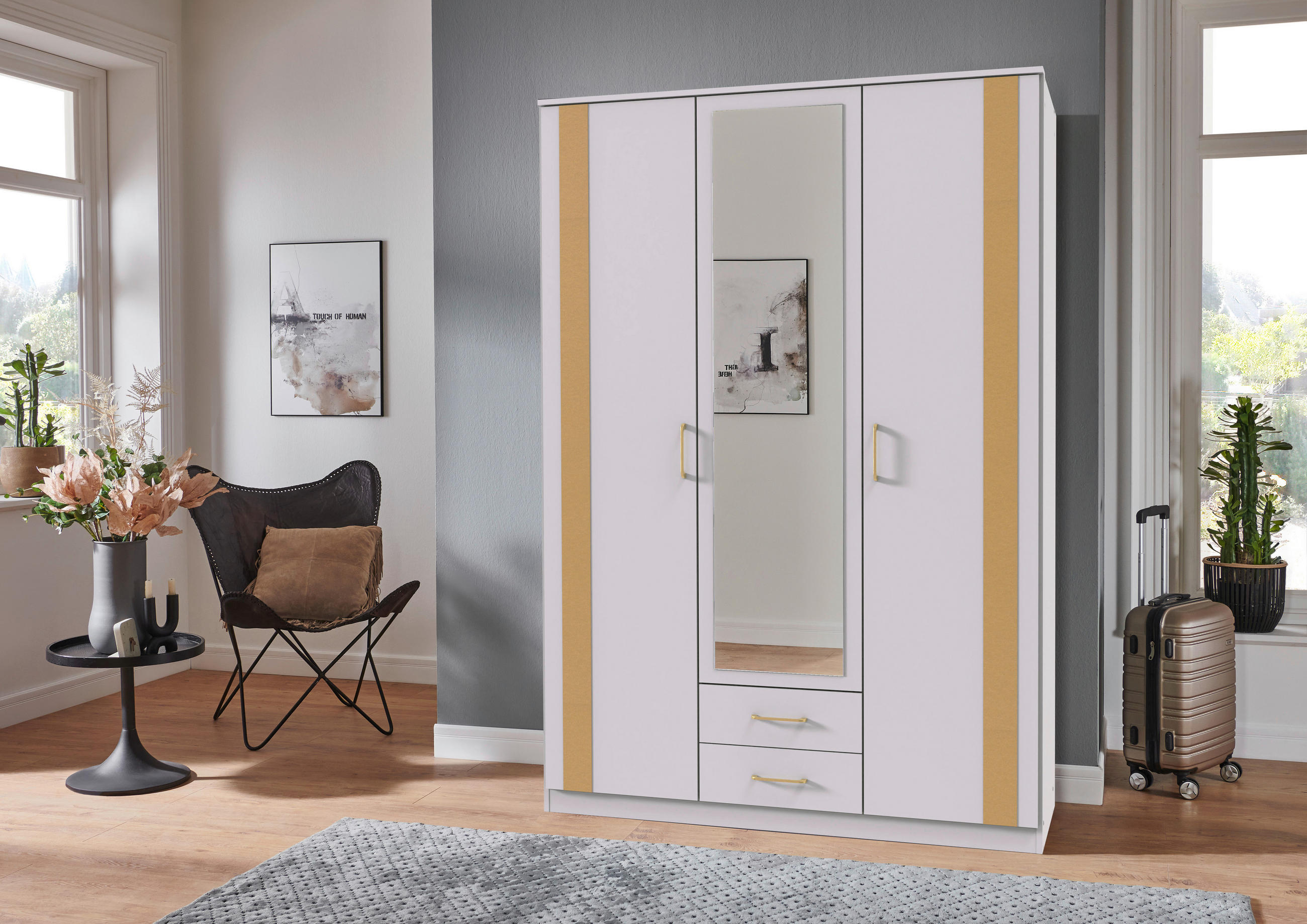 DREHTÜRENSCHRANK  in Weiß, Goldfarben  - Goldfarben/Weiß, Design, Glas/Holzwerkstoff (135/199/58cm) - Carryhome