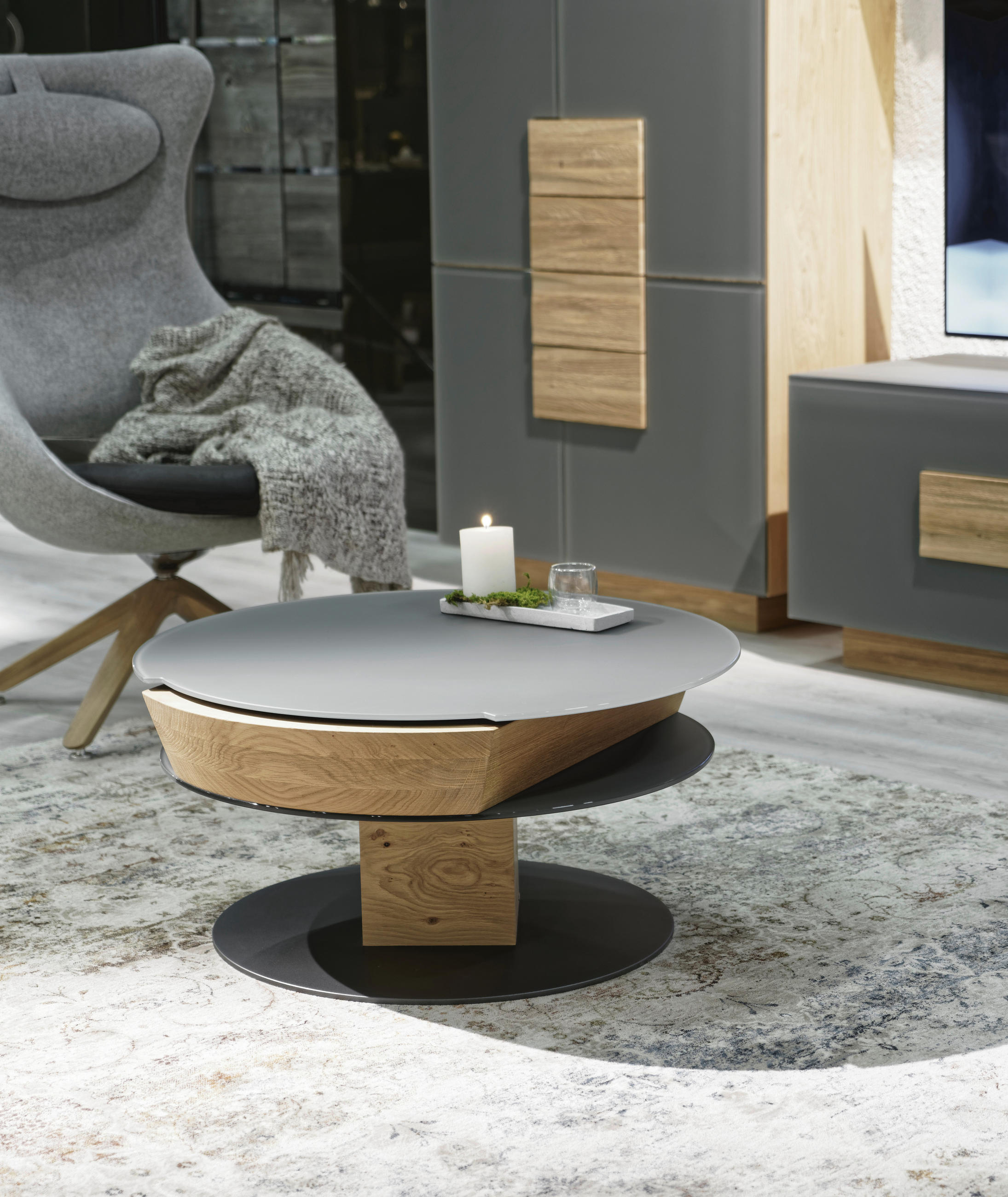 COUCHTISCH Wildeiche furniert ESG 80/35,5/80 cm rund Anthrazit, Eichefarben, Hellgrau  - Eichefarben/Anthrazit, Design, Glas/Holz (80/35,5/80cm) - Voglauer