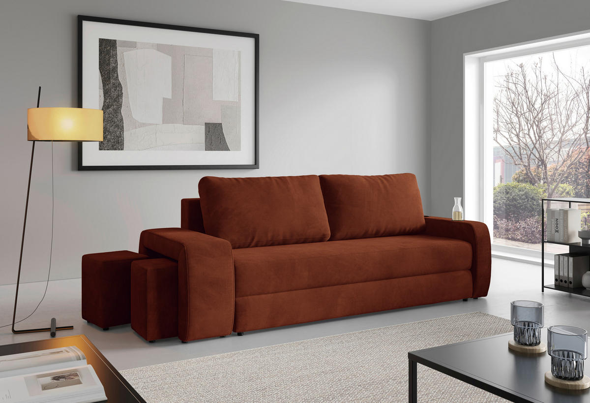 SCHLAFSOFA INES in Plüsch Rostfarben  - Rostfarben/Schwarz, Design, Kunststoff/Textil (258/98/95cm) - Livetastic