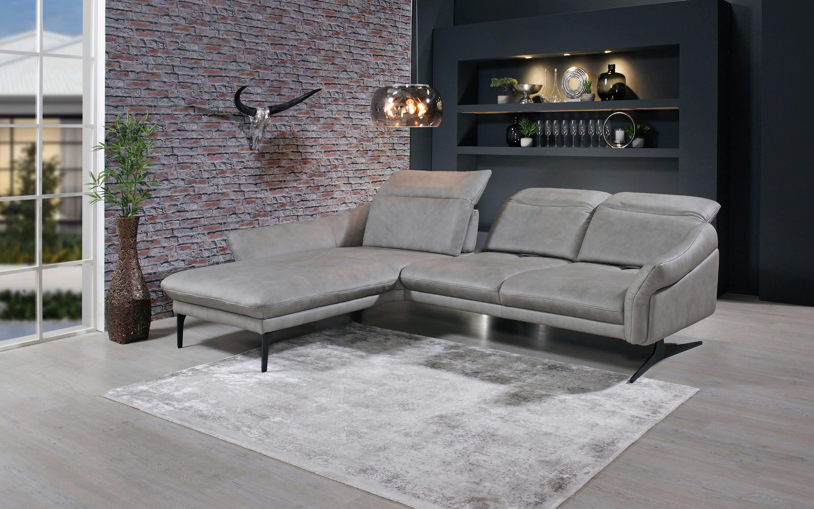 SEDEŽNA GARNITURA, pravo usnje siva  - siva/antracit, Design, kovina/usnje (203/285cm) - Himolla