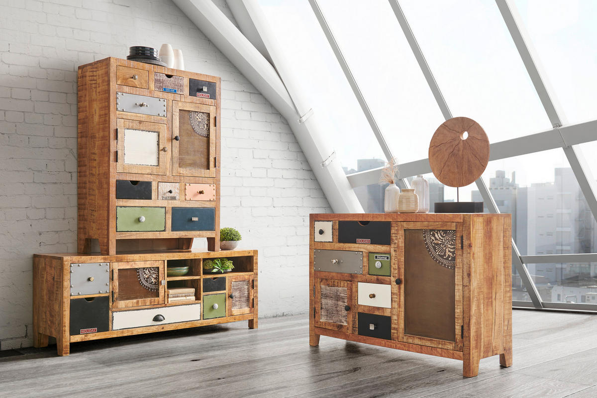 NÍZKÁ KOMODA, mangové dřevo, vícebarevná, 140/55/40 cm - bílá/černá, Lifestyle, kov/dřevo (140/55/40cm) - Landscape