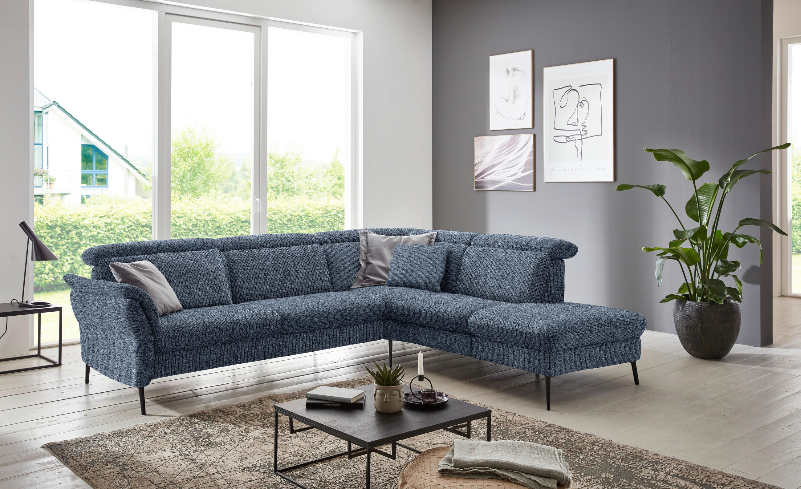 ECKSOFA  in Struktur Blau  275/235 cm  - Blau/Schwarz, MODERN, Textil/Metall (275/235cm) - Cantus