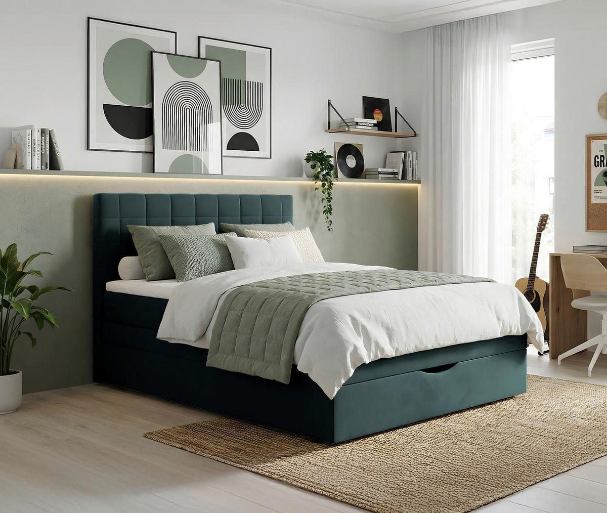 BOXSPRINGBETT 140/200 cm,  in Türkis  - Türkis/Schwarz, Design, Kunststoff/Textil (140/200cm) - Welnova