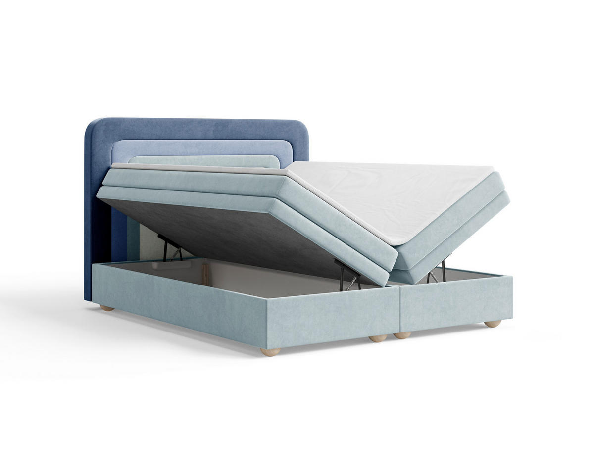 BOXBETT 180/200 cm,  in Dunkelblau, Mintgrün, Graublau, gepolstertes Kopfteil, Bettkasten, Topper, H2 + H3 = mittel + fest  - Graublau/Braun, MODERN, Holz/Kunststoff (180/200cm) - Livetastic