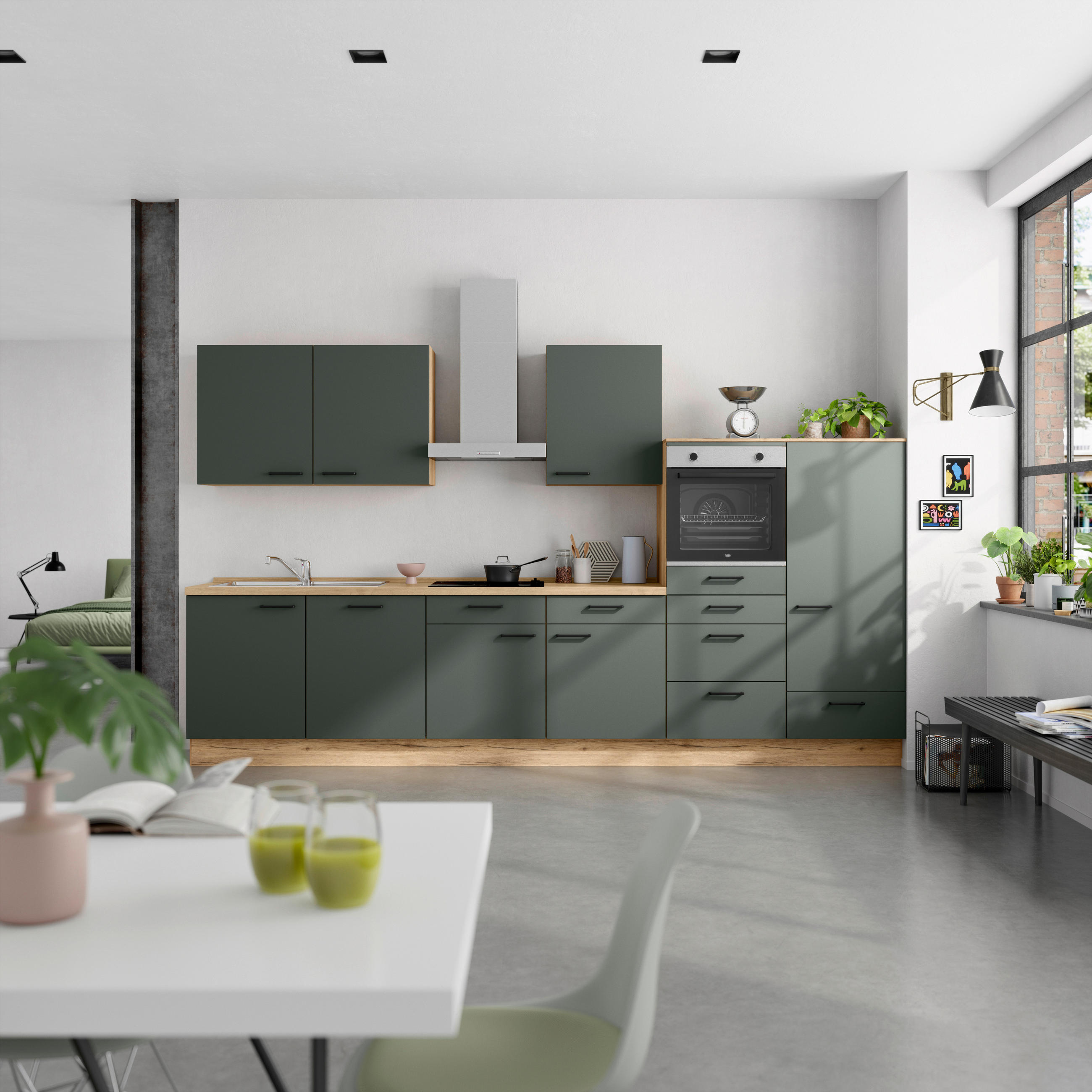 KÜCHENBLOCK 360 cm   in Eichefarben, Dunkelgrün  - Dunkelgrün/Eichefarben, MODERN, Holzwerkstoff/Metall (360cm) - Nobilia