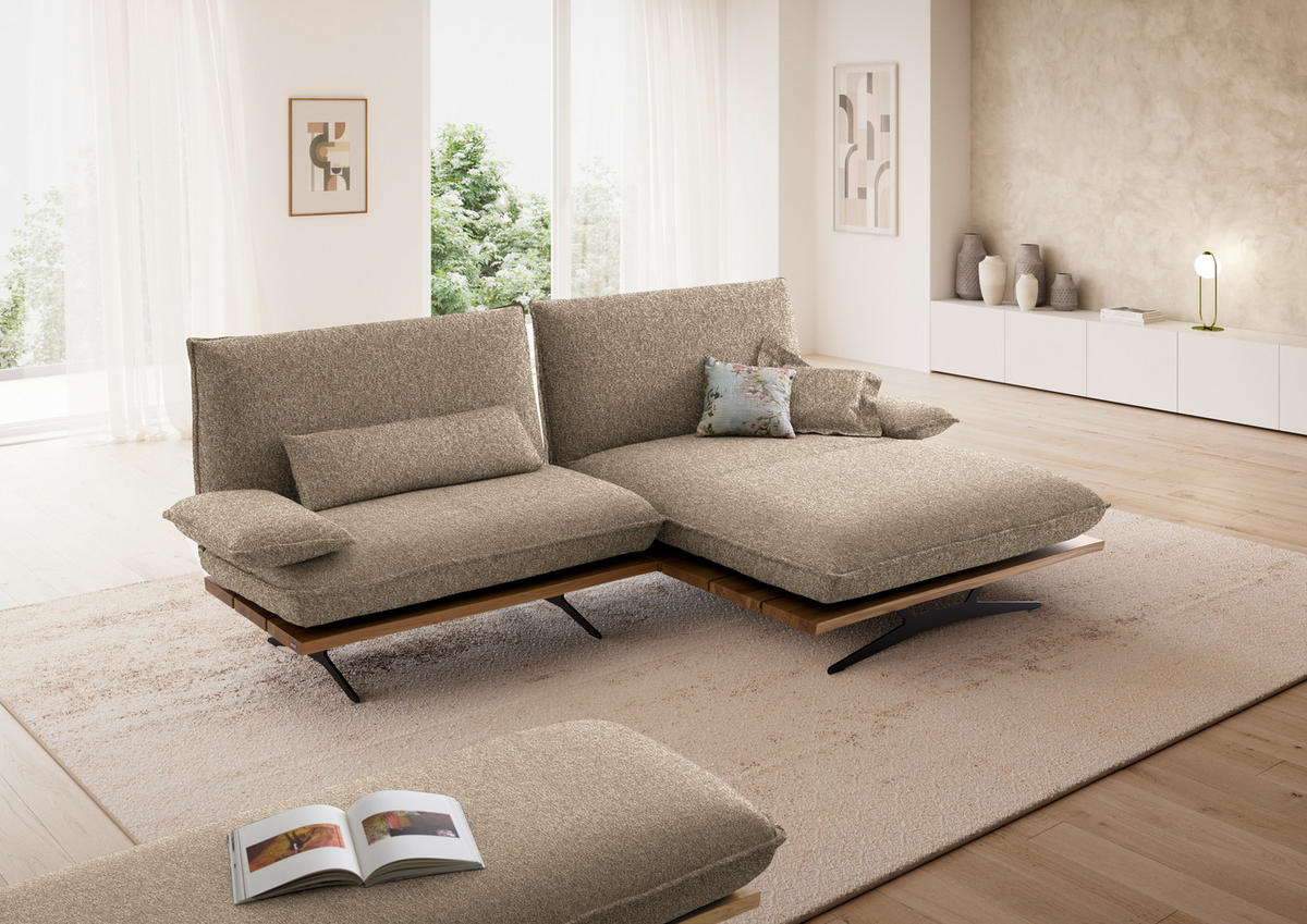 ECKSOFA  in Chenille, Flachgewebe Wildeiche, Beigebraun Rücken echt, Armteilverstellung, Relaxfunktion, Drehsitzfunktion  284/161 cm  - Wildeiche/Beigebraun, Design, Holz/Textil (284/161cm) - Koinor
