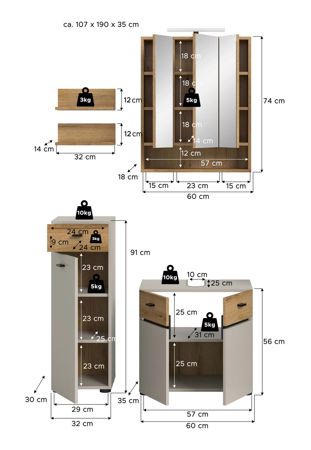 BADEZIMMER 4-teilig  in 92 cm  - Kaschmir/Eichefarben, Trend, Glas/Holzwerkstoff (92cm) - MID.YOU