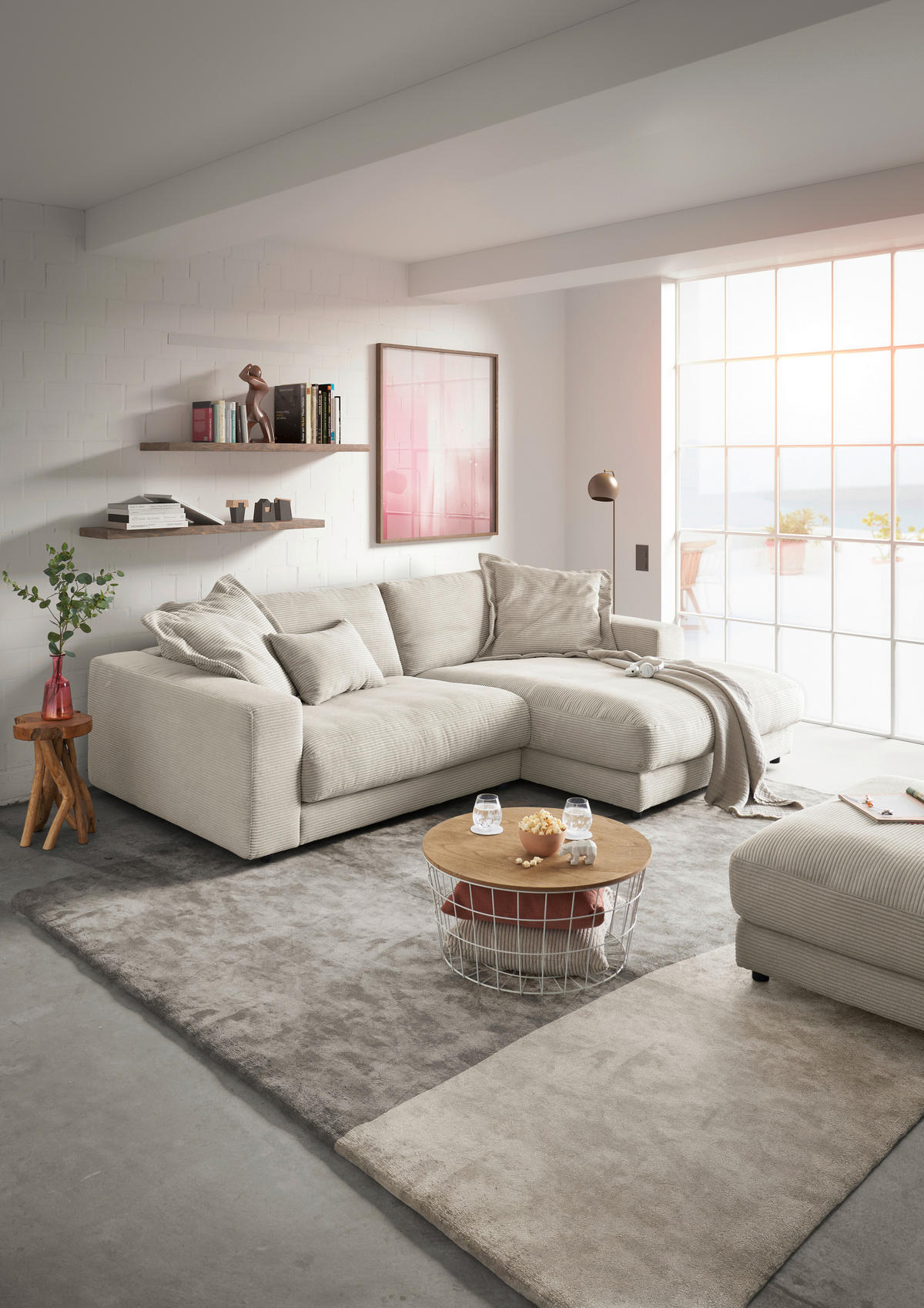 ECKSOFA in Cord Hellgrau  - Hellgrau/Schwarz, Design, Kunststoff/Textil (270/190cm) - Lomoco