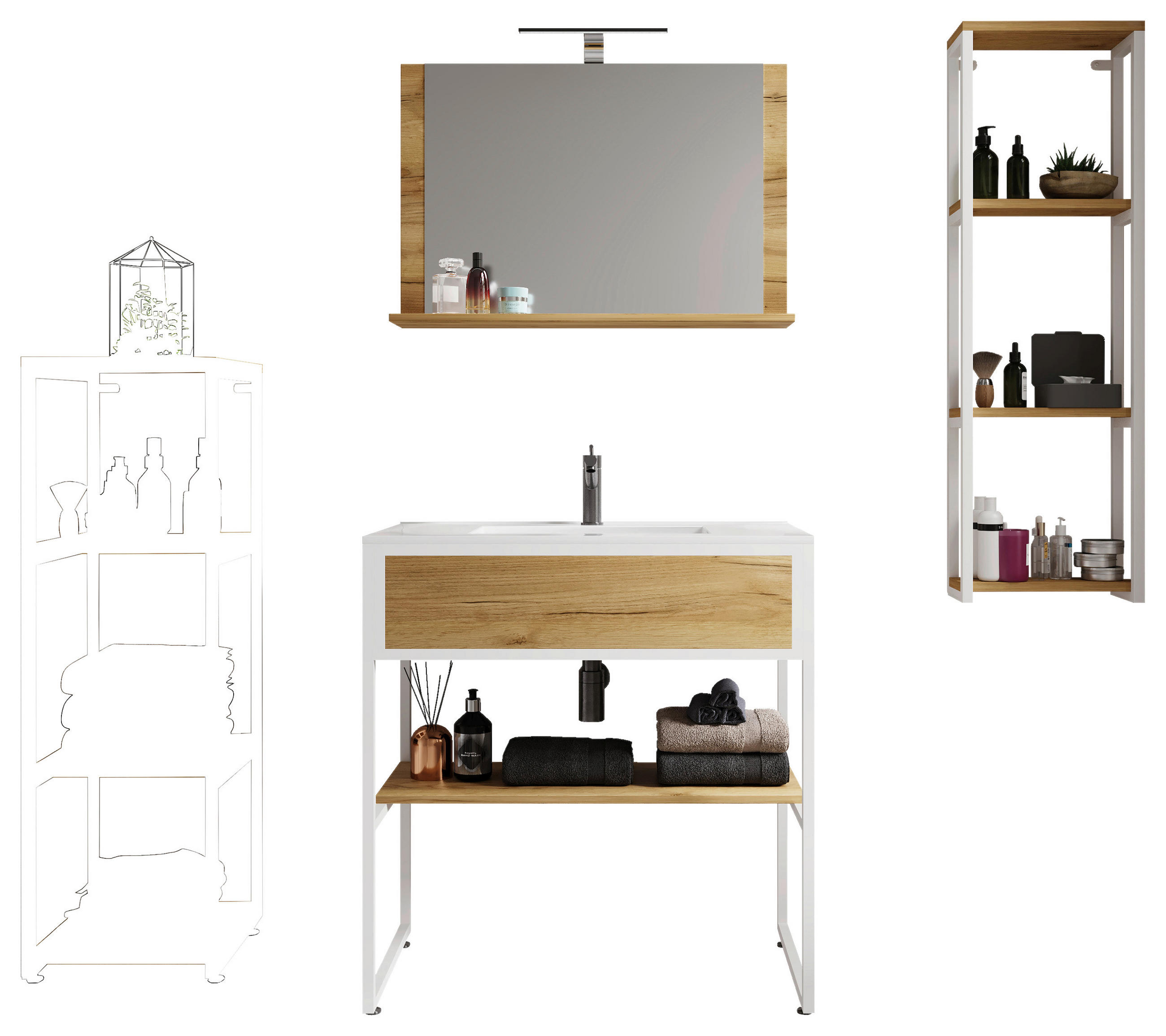 BADEZIMMER 5-teilig  in  - Honigeiche/Schwarz, MODERN, Glas/Keramik (80/85/46cm) - MID.YOU
