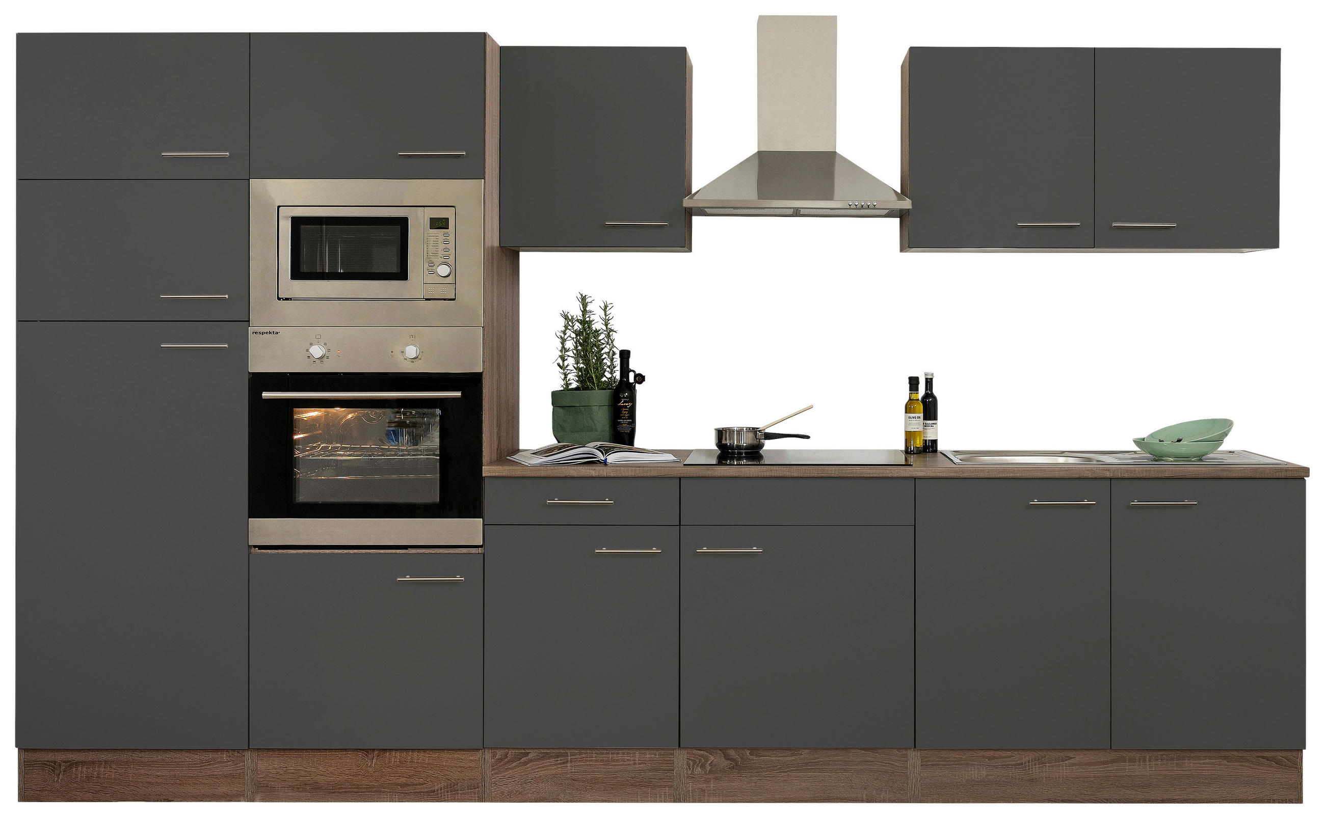 KÜCHENBLOCK 330 cm in Grau, Eichefarben - Edelstahlfarben/Eichefarben, Design, Holzwerkstoff/Metall (330cm) - Respekta