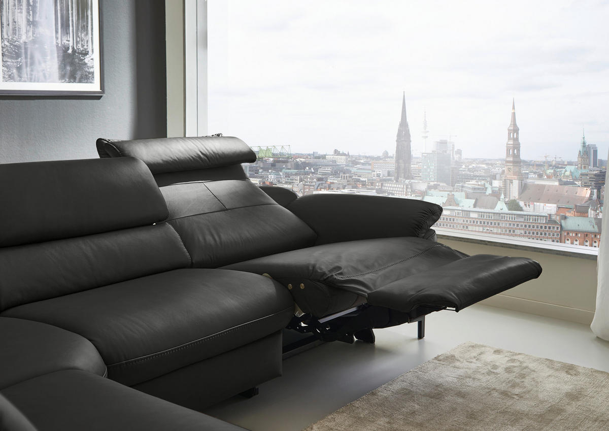 ECKSOFA Valdera Schwarz Echtleder  - Schwarz, Design, Leder/Metall (246/280cm) - Hukla