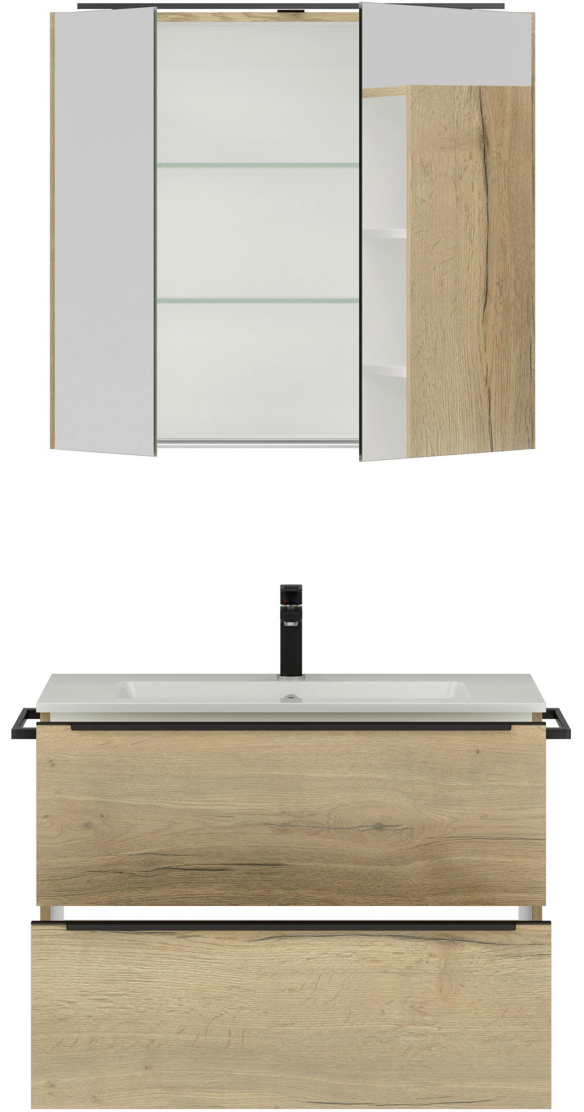 BADEZIMMER 3-teilig  in 81 cm  - Eichefarben/Schwarz, MODERN, Holzwerkstoff/Stein (81cm) - Nobilia