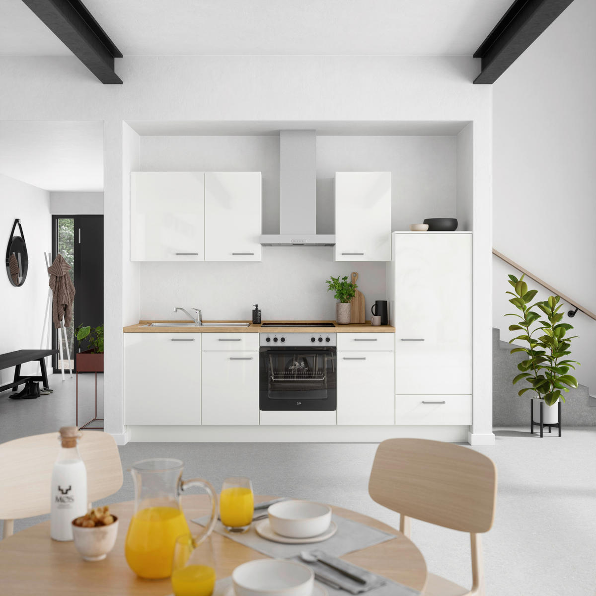 KÜCHENLEERBLOCK 270 cm   in Eichefarben, Weiß Hochglanz  - Edelstahlfarben/Eichefarben, MODERN, Holzwerkstoff/Metall (270cm) - Nobilia