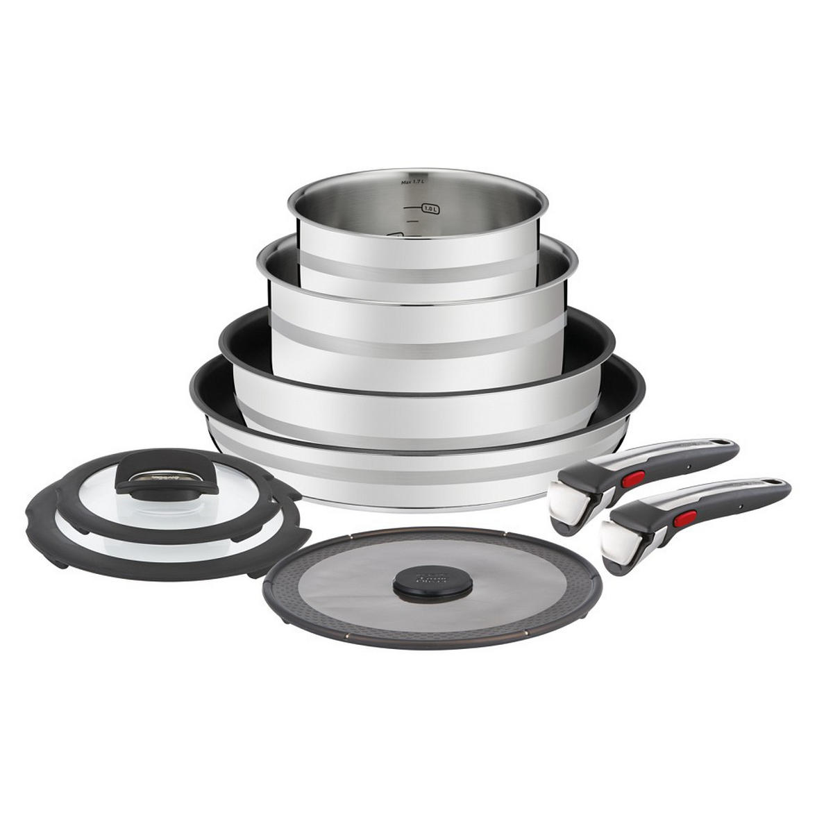 PFANNENSET Jamie Oliver INGENIO G6 9-teilig  - Edelstahlfarben/Schwarz, KONVENTIONELL, Glas/Metall (37/37/19,5cm) - Tefal