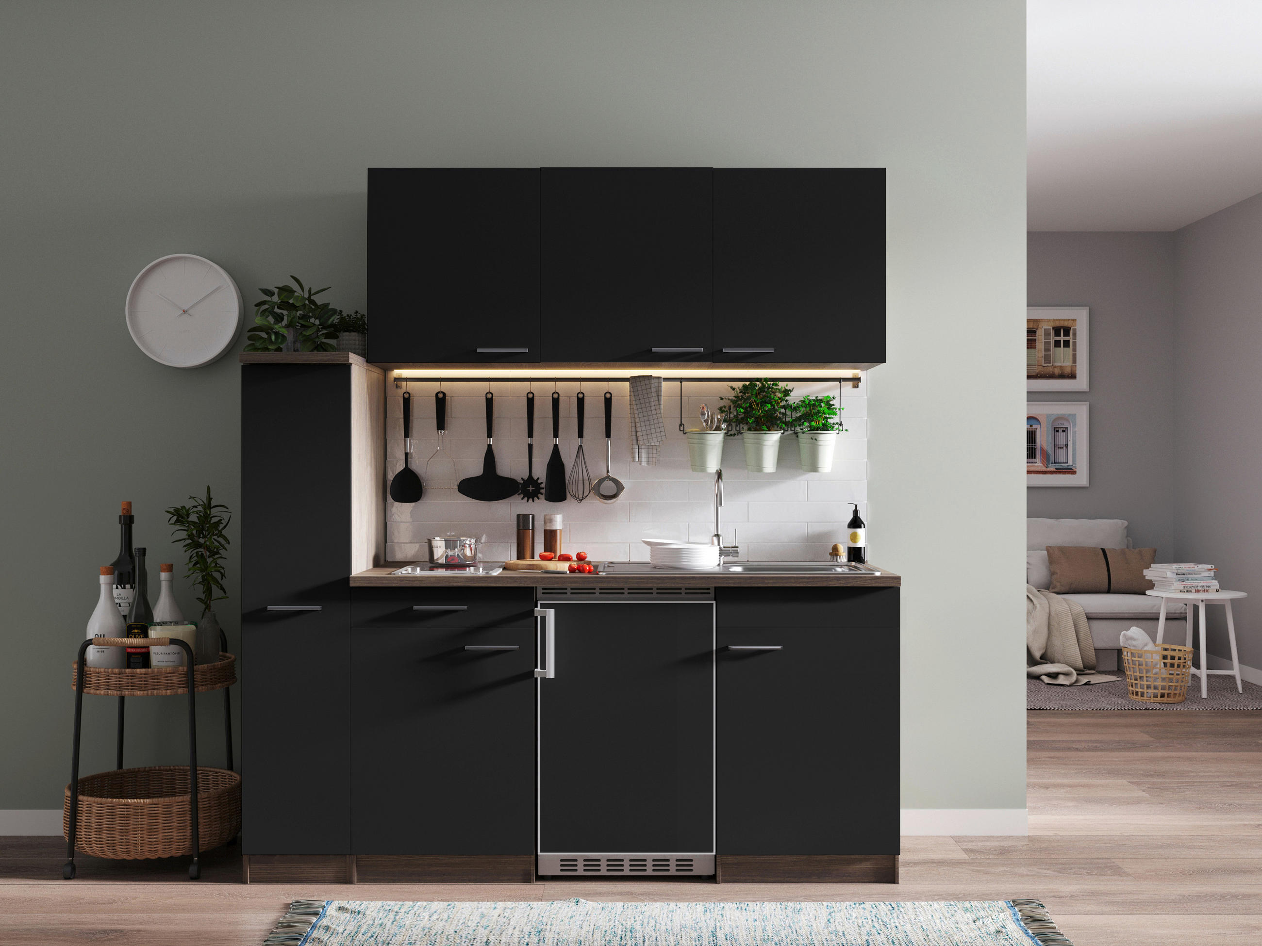 MINIKÜCHE 180 cm   in Schwarz  - Eichefarben/Alufarben, Basics, Holzwerkstoff/Kunststoff (180cm) - Respekta