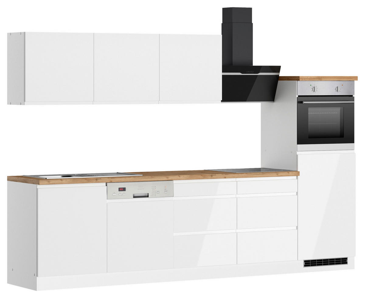 KÜCHENBLOCK 300 cm   in Weiss, Eiche Wotan, Weiss Hochglanz  - Weiss Hochglanz/Weiss, Lifestyle, Holzwerkstoff (300cm) - Held