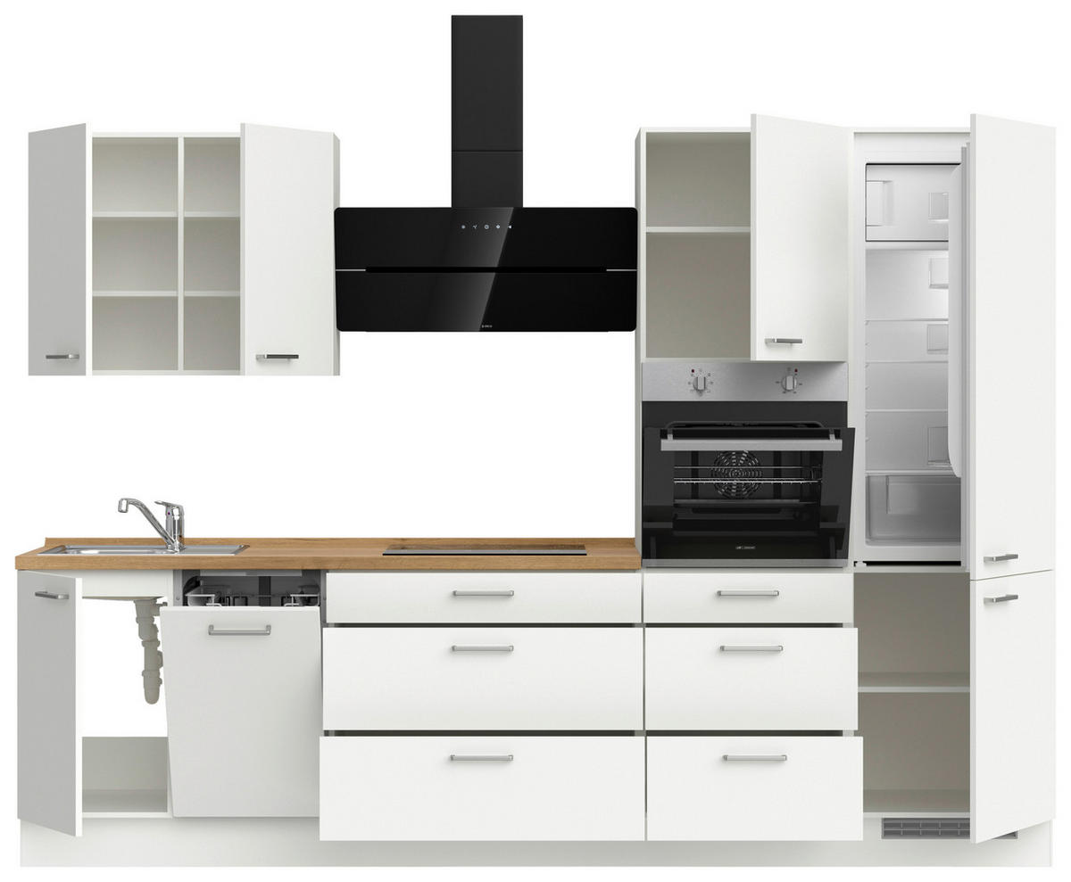 KÜCHENBLOCK 300 cm   in Weiß, Eichefarben  - Edelstahlfarben/Eichefarben, MODERN, Holzwerkstoff/Metall (300cm) - Nobilia