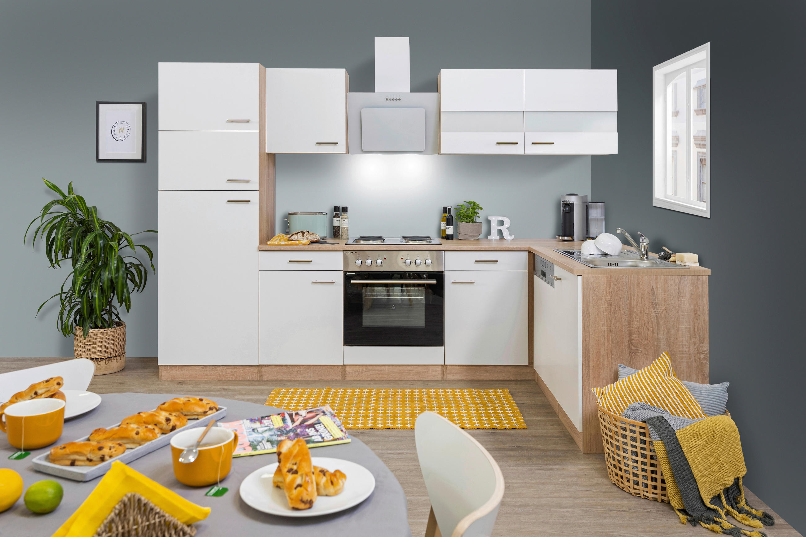 ECKKÜCHE 280/172 cm  in Weiss, Eichefarben  - Weiss/Eichefarben, Basics, Glas/Holzwerkstoff (280/172cm) - Respekta