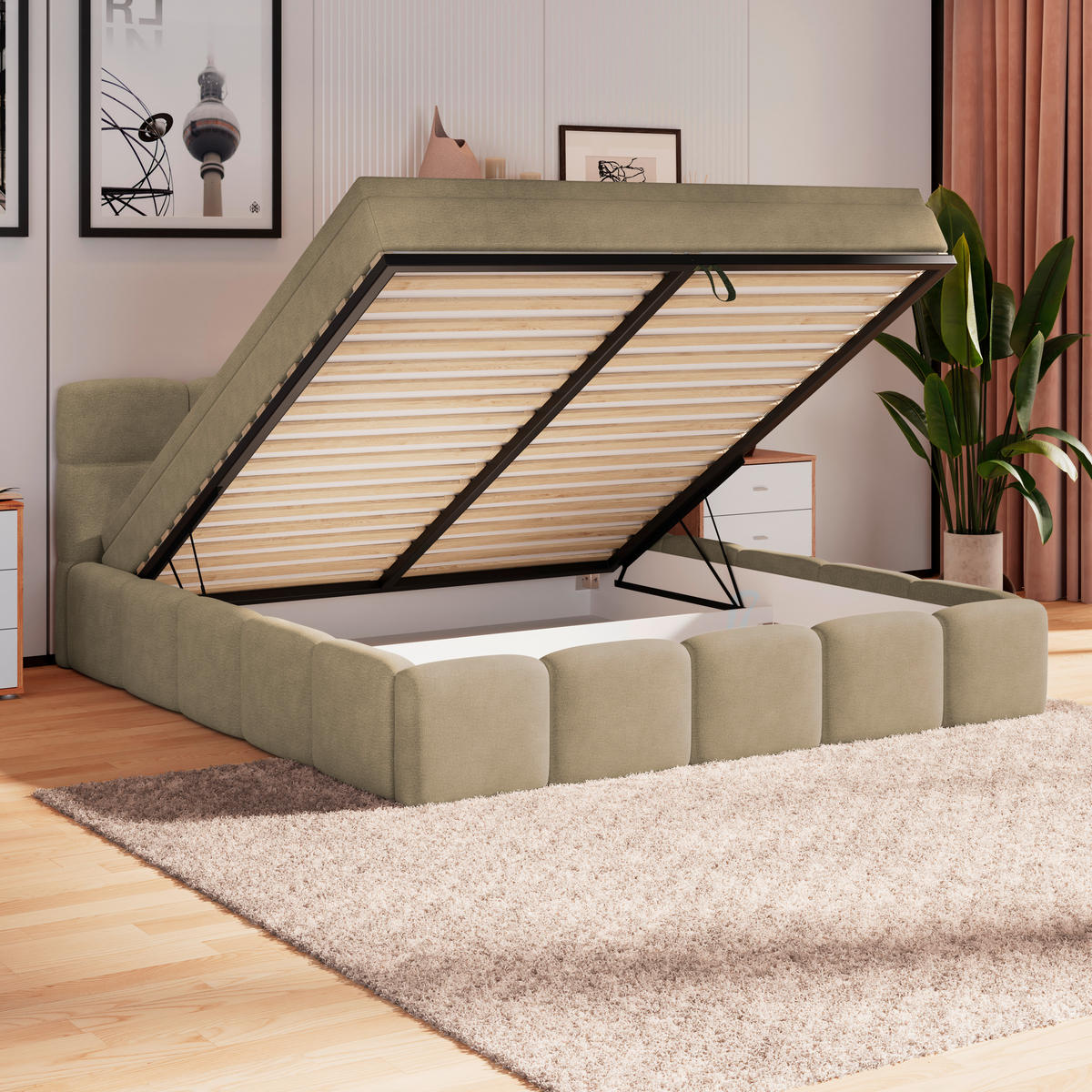 POLSTERBETT 160/200 cm,  in Braun, Matratze, Bettkasten, H3 = fest  - Schwarz/Braun, Trend, Kunststoff/Textil (160/200cm)