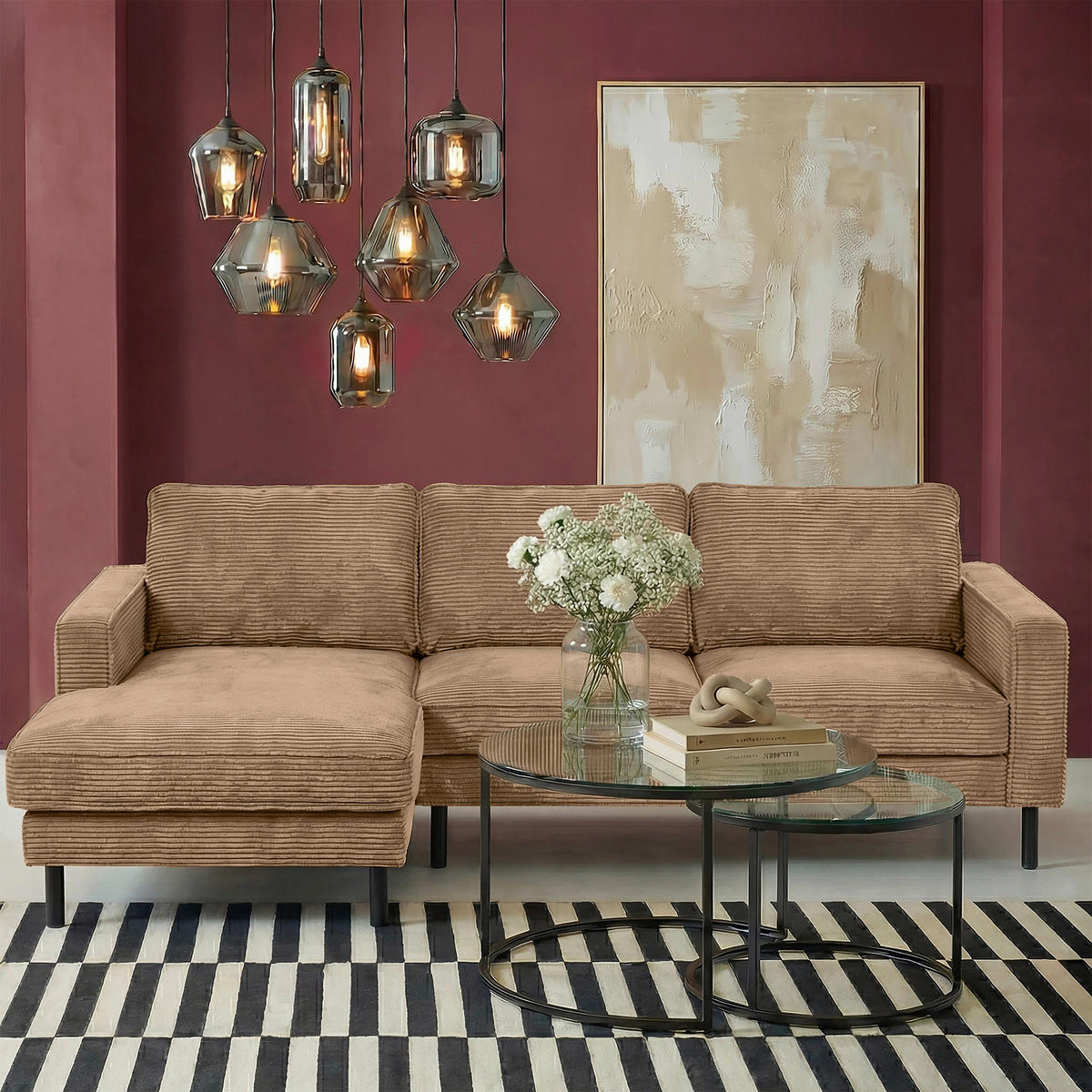 ECKSOFA Hellbraun Cord Rücken echt  - Hellbraun/Schwarz, Design, Textil/Metall (166/238cm) - Livetastic