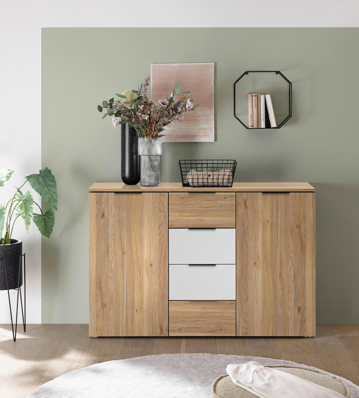 SIDEBOARD 135/89/40 cm  in Weiss, Eichefarben  - Weiss/Eichefarben, Konventionell, Holzwerkstoff/Kunststoff (135/89/40cm) - Carryhome
