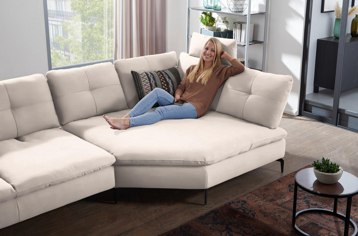 ECKSOFA in Flachgewebe Creme  - Creme/Schwarz, Design, Textil/Metall (344/157cm) - Chilliano