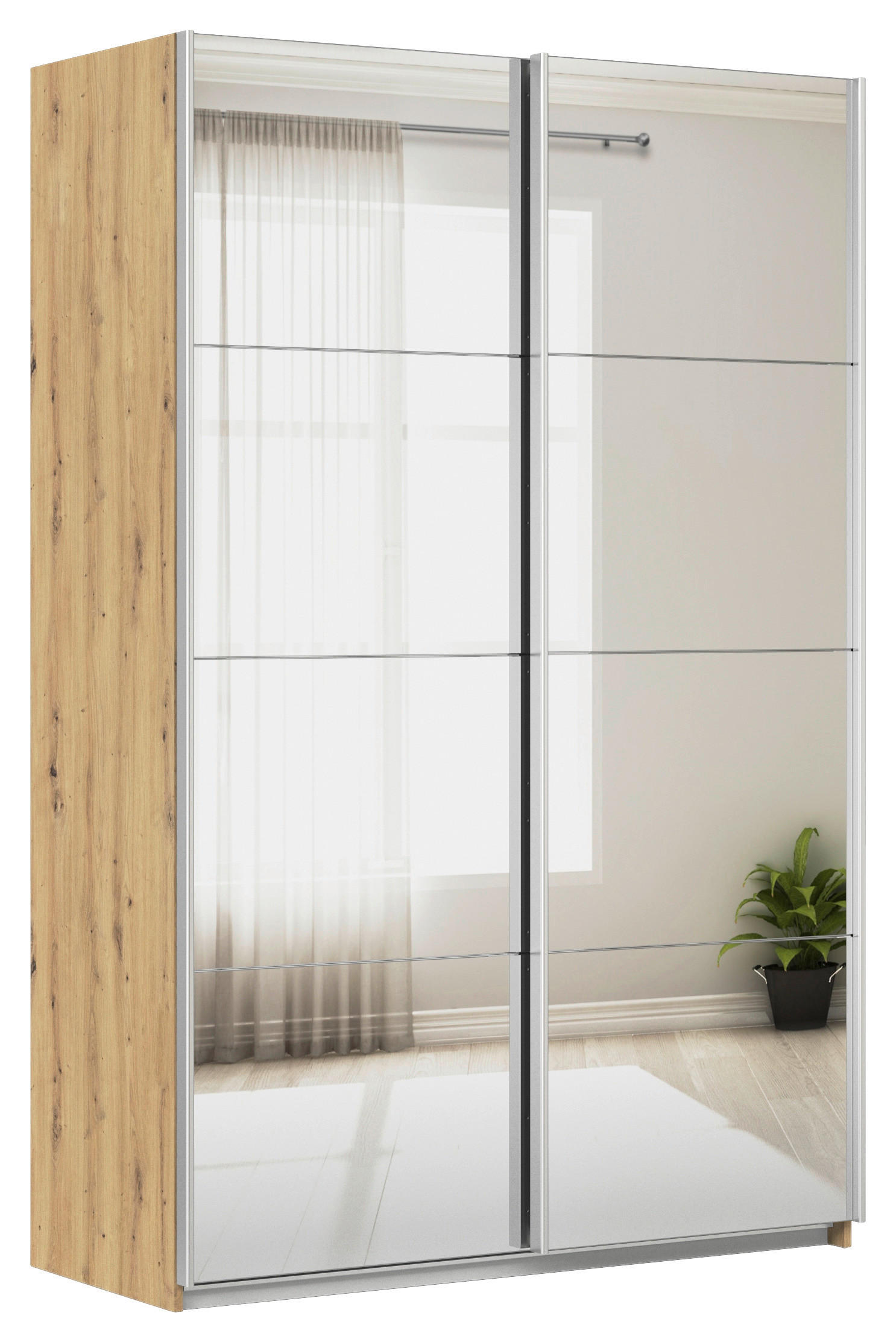 SCHWEBETÜRENSCHRANK  in Eiche Artisan  - Alufarben/Eiche Artisan, KONVENTIONELL, Glas/Holzwerkstoff (136/210/62cm) - Xora