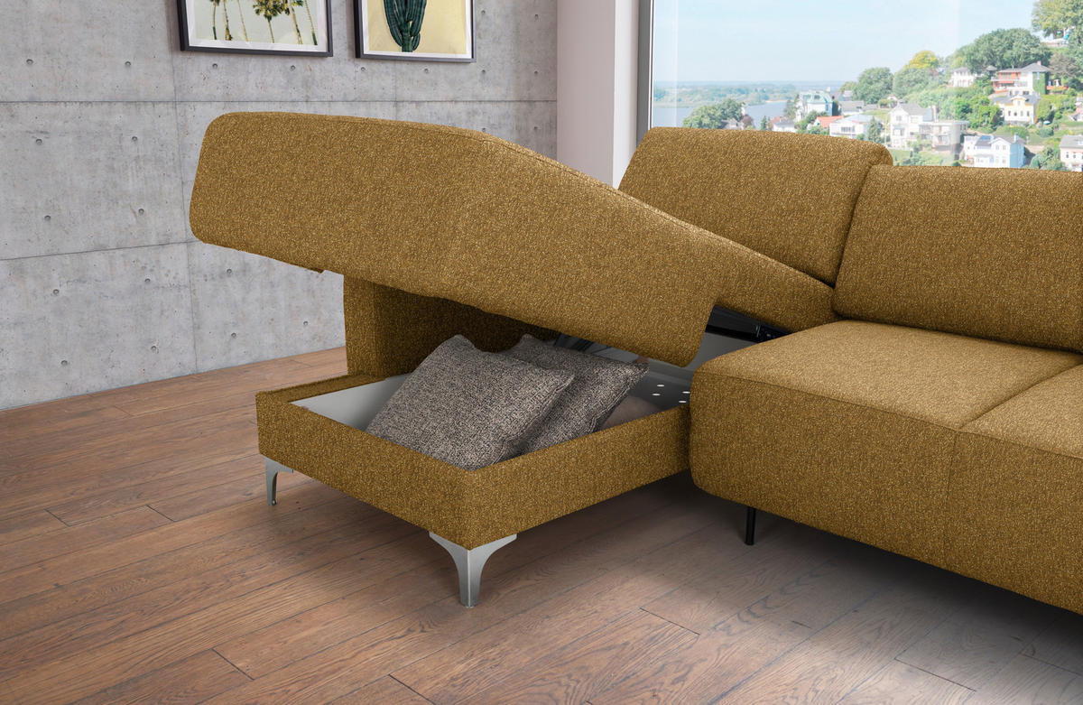 ECKSOFA  in Mikrovelours Senfgelb  248/160 cm  - Senfgelb/Alufarben, Design, Textil/Metall (248/160cm) - Sedda