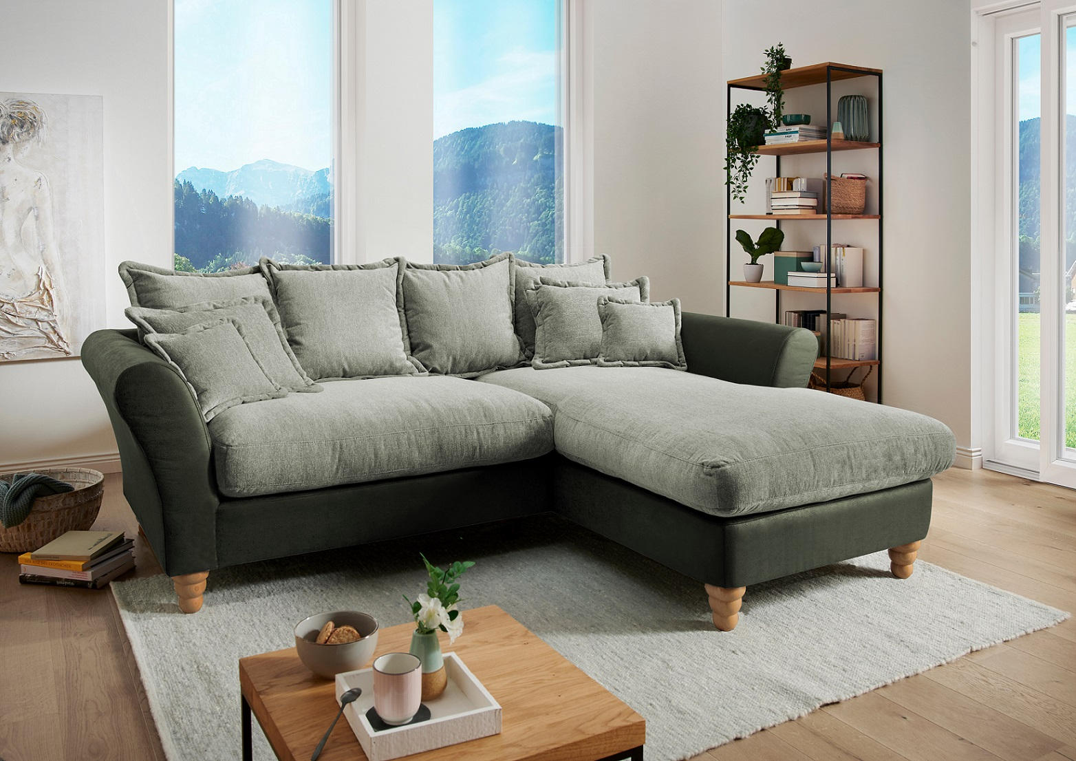 ECKSOFA Grün, Hellgrün Chenille, Mikrofaser - Wildeiche/Hellgrün, MODERN, Holz/Textil (255/203cm) - Livetastic