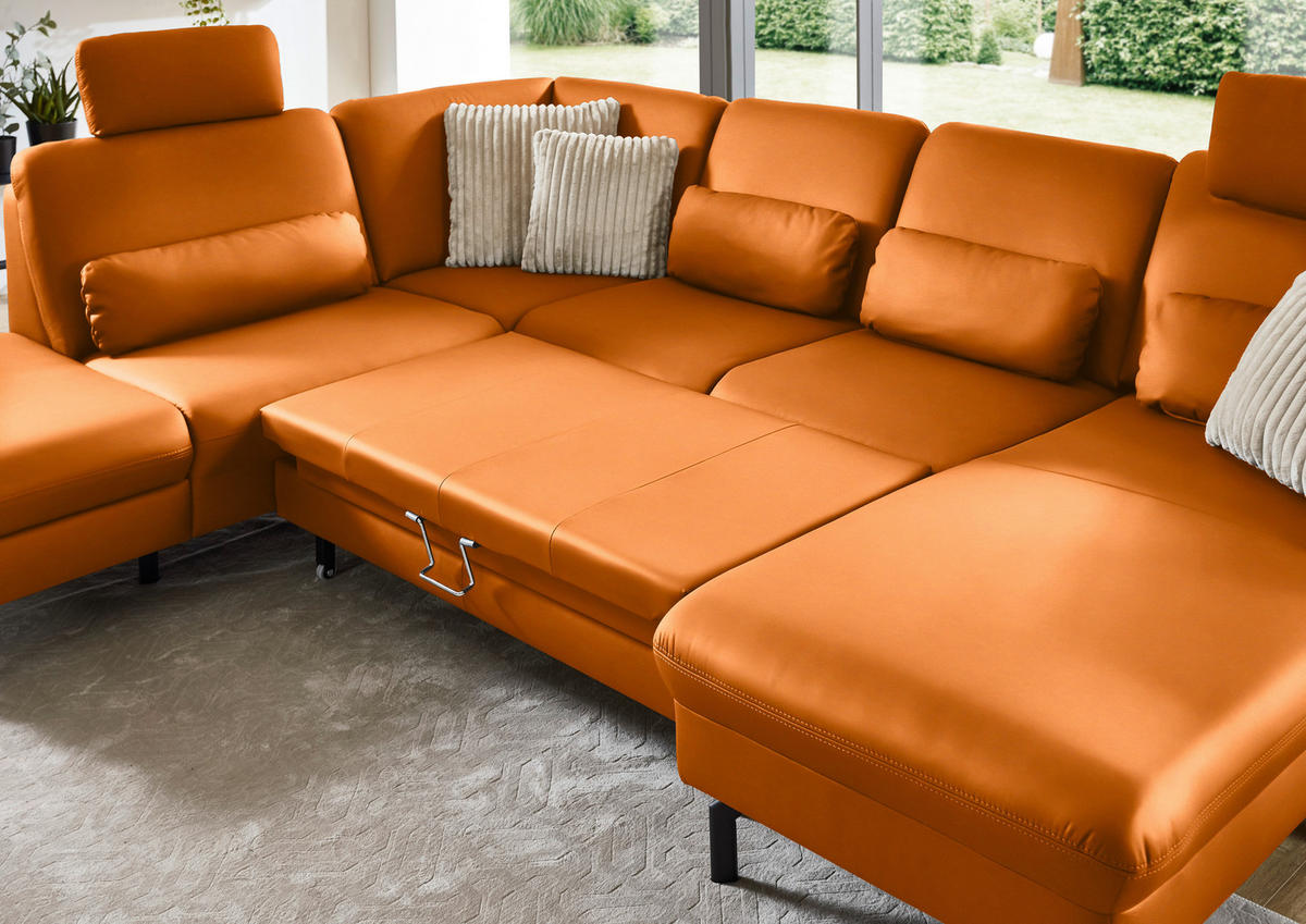 WOHNLANDSCHAFT Beldomo premium in Echtleder Orange  - Schwarz/Orange, KONVENTIONELL, Leder/Metall (224/306/168cm) - Beldomo Premium