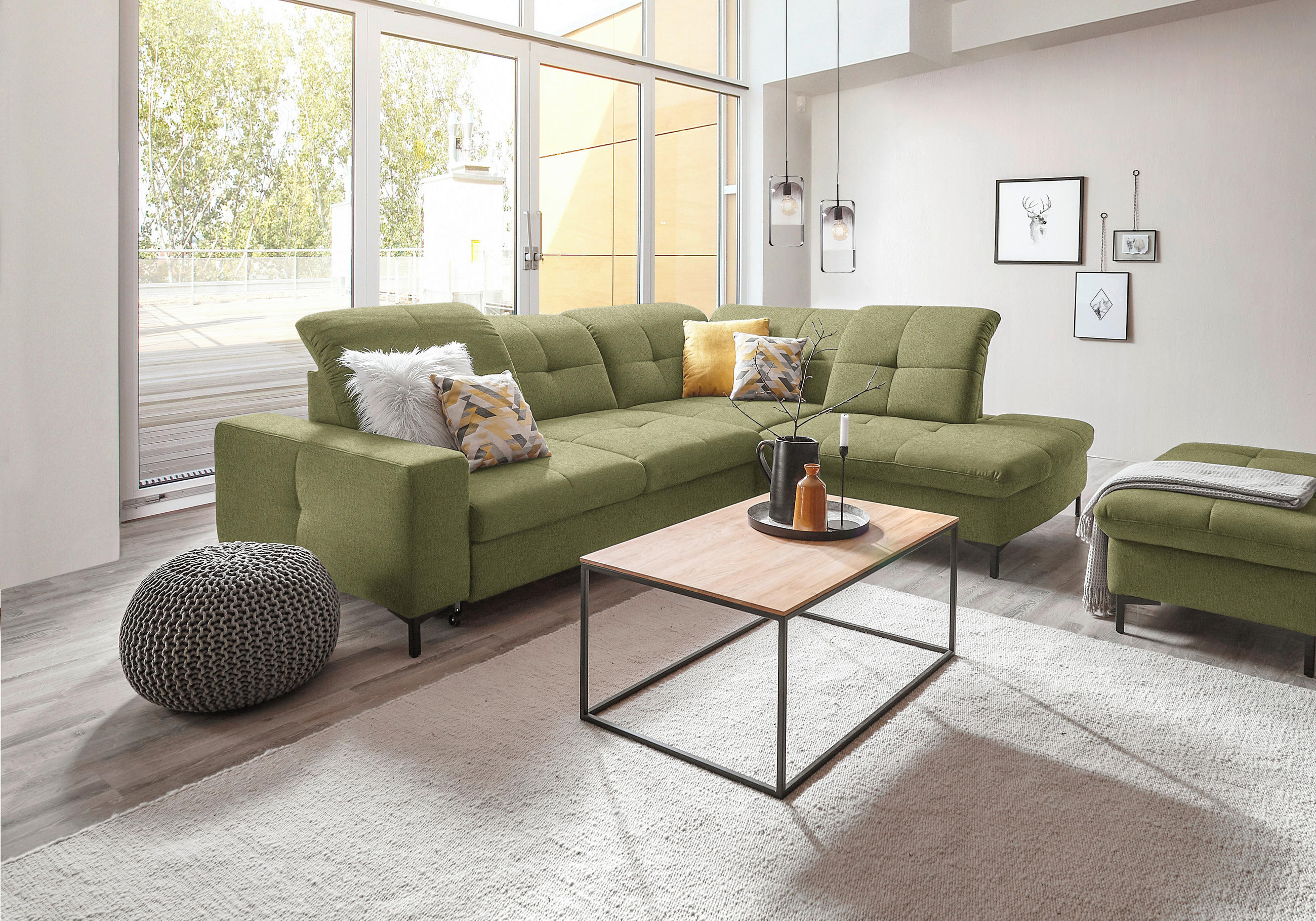 ECKSOFA in Chenille Olivgrün  - Schwarz/Olivgrün, Design, Textil/Metall (310/240cm) - Xora